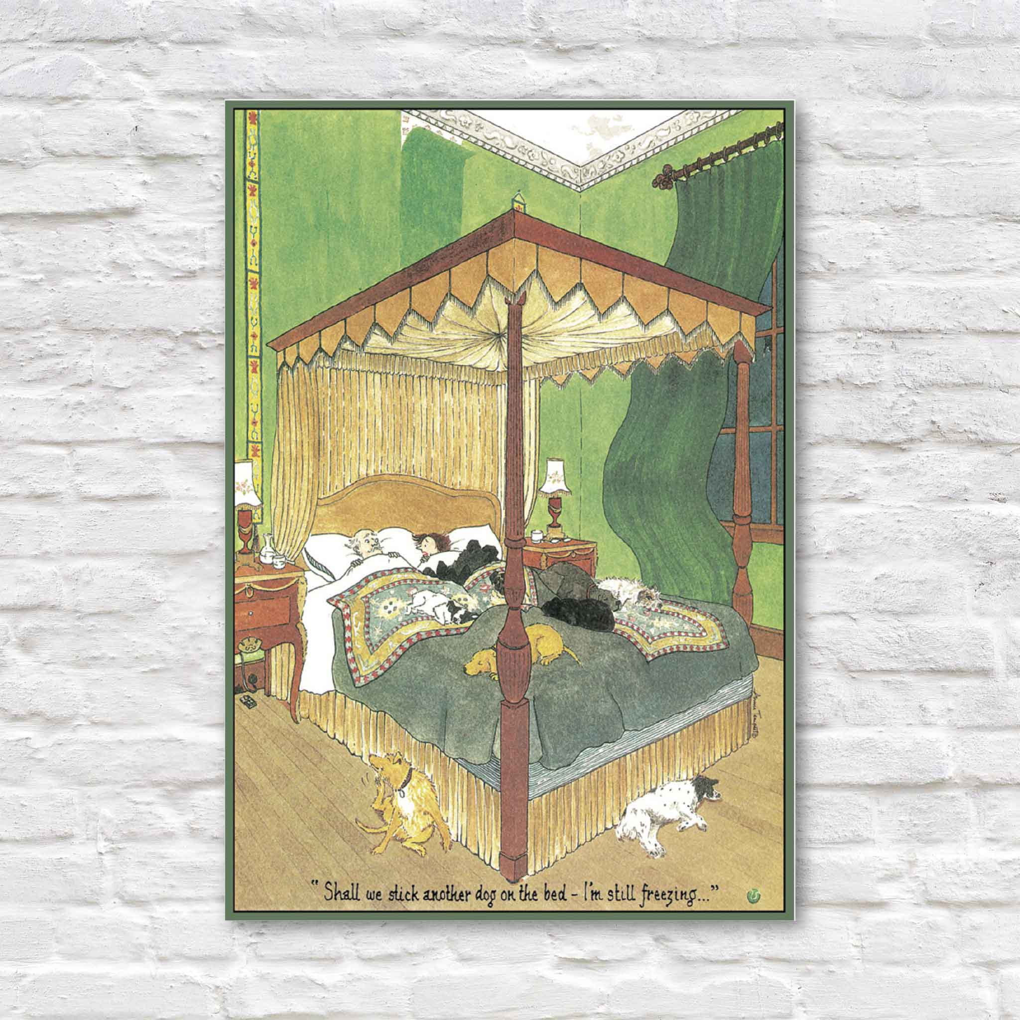 Annie Tempest "Throw Another Dog On the Bed" blank greeting card published by Caspari featuring a couple crowded out of their bed by several sleeping dogs beneath the humorous caption, "Shall we stick another dog on the bed – I'm still freezing…". Premium 5x7 folded greeting card available at Gray Man Gallery in Pawleys Island, South Carolina.