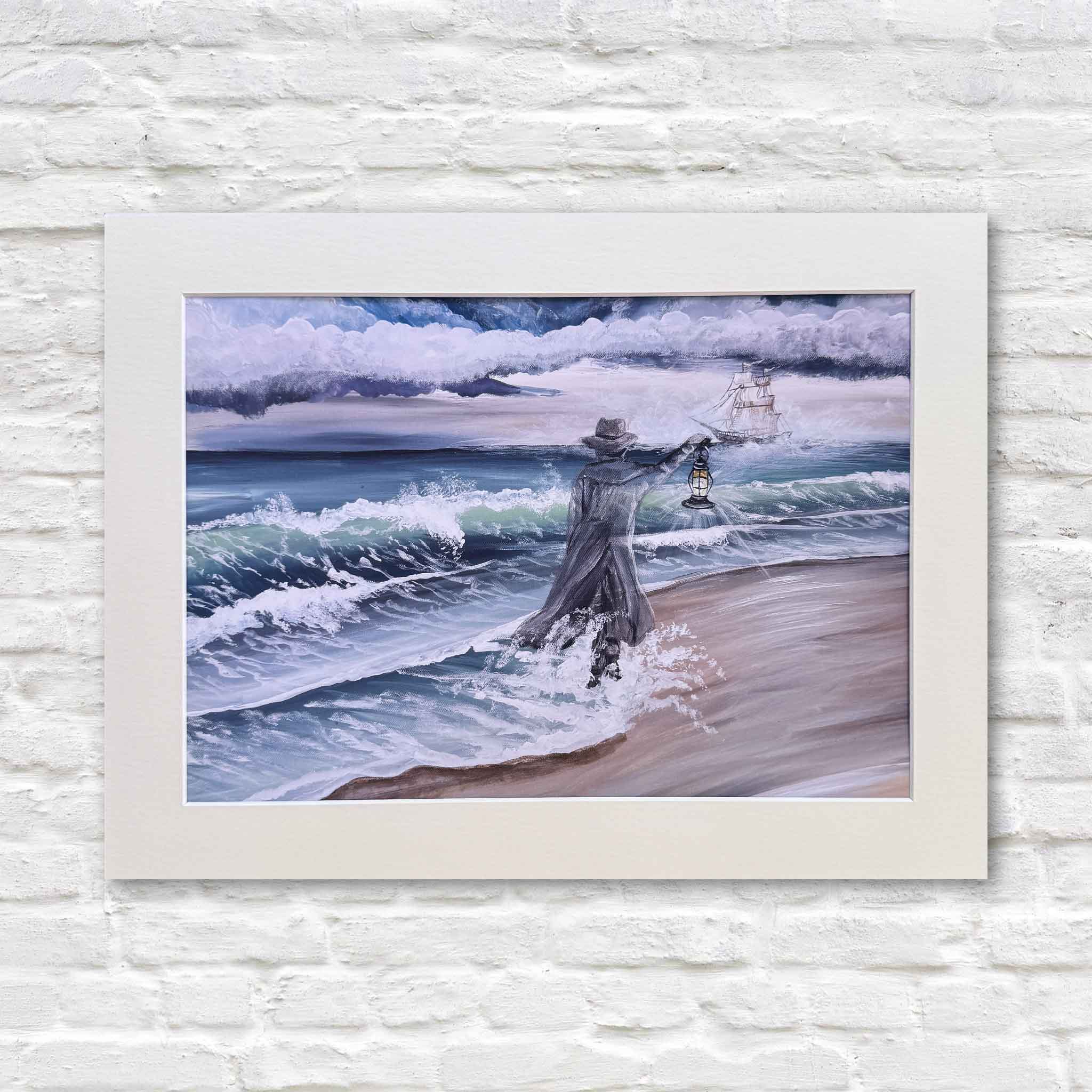 April Bensch Gray Man at Pawleys Island print matted to fit a standard 12x16 frame, depicting the legendary coastal figure walking along the surf under stormy skies, photographed at Gray Man Gallery