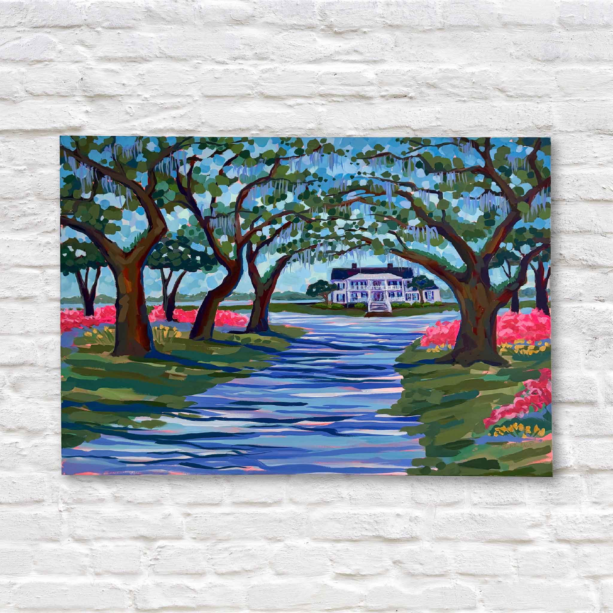“Azaleas at Litchfield” original acrylic painting by Lowcountry artist Elizabeth Sheats featuring live oak trees, pink azaleas, and the entrance to Litchfield Plantation, displayed at Gray Man Gallery in Pawleys Island, South Carolina