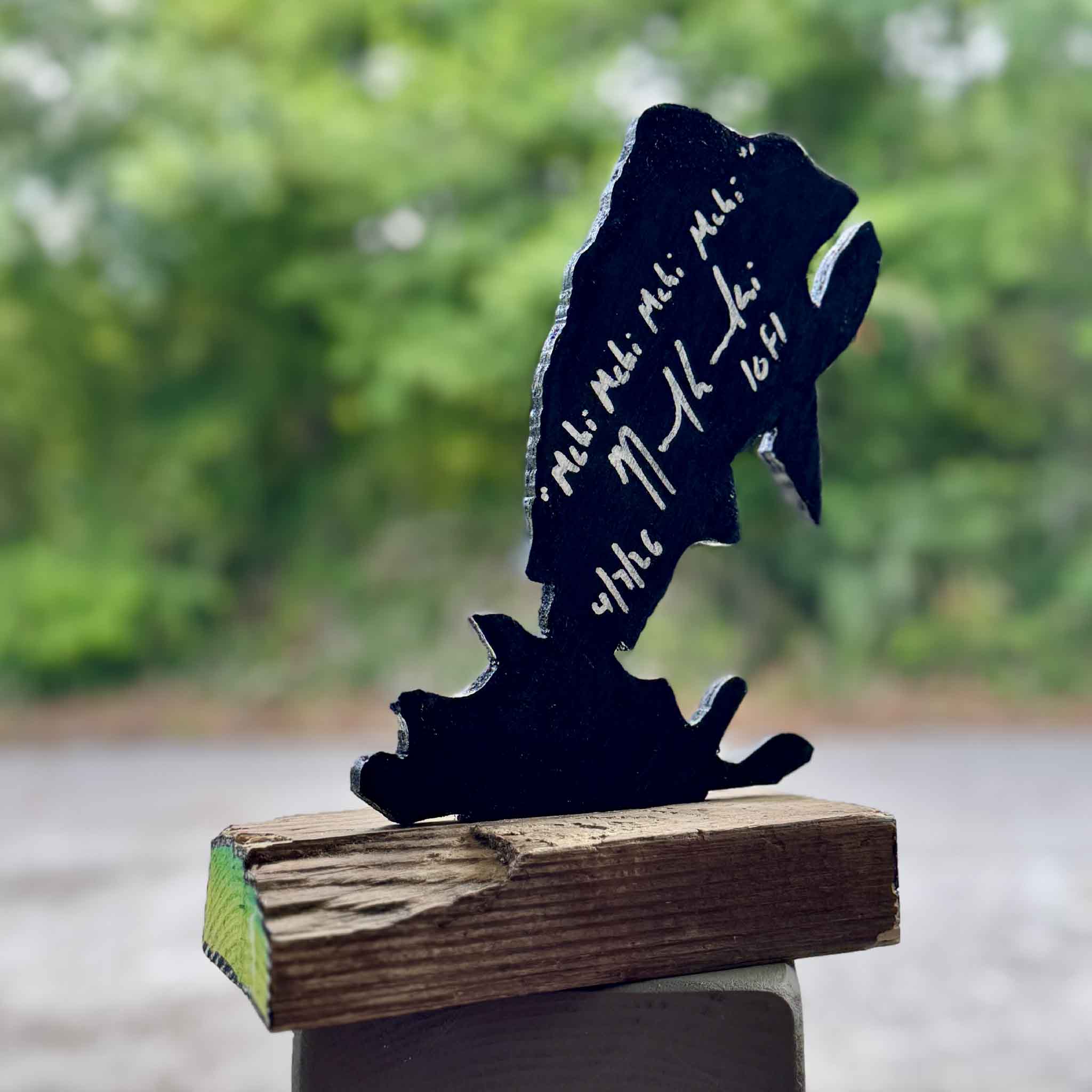 Back view of Mahi Mahi Mahi Mahi showing the artist's signature, title, date, and Gray Man Gallery exclusive inscription. This one-of-a-kind mixed media sculpture by Charleston artist Nick Kawczynski is hand-painted on reclaimed marine-grade plywood sourced through the Lowcountry Maritime Society and displayed at Gray Man Gallery in Pawleys Island, South Carolina.