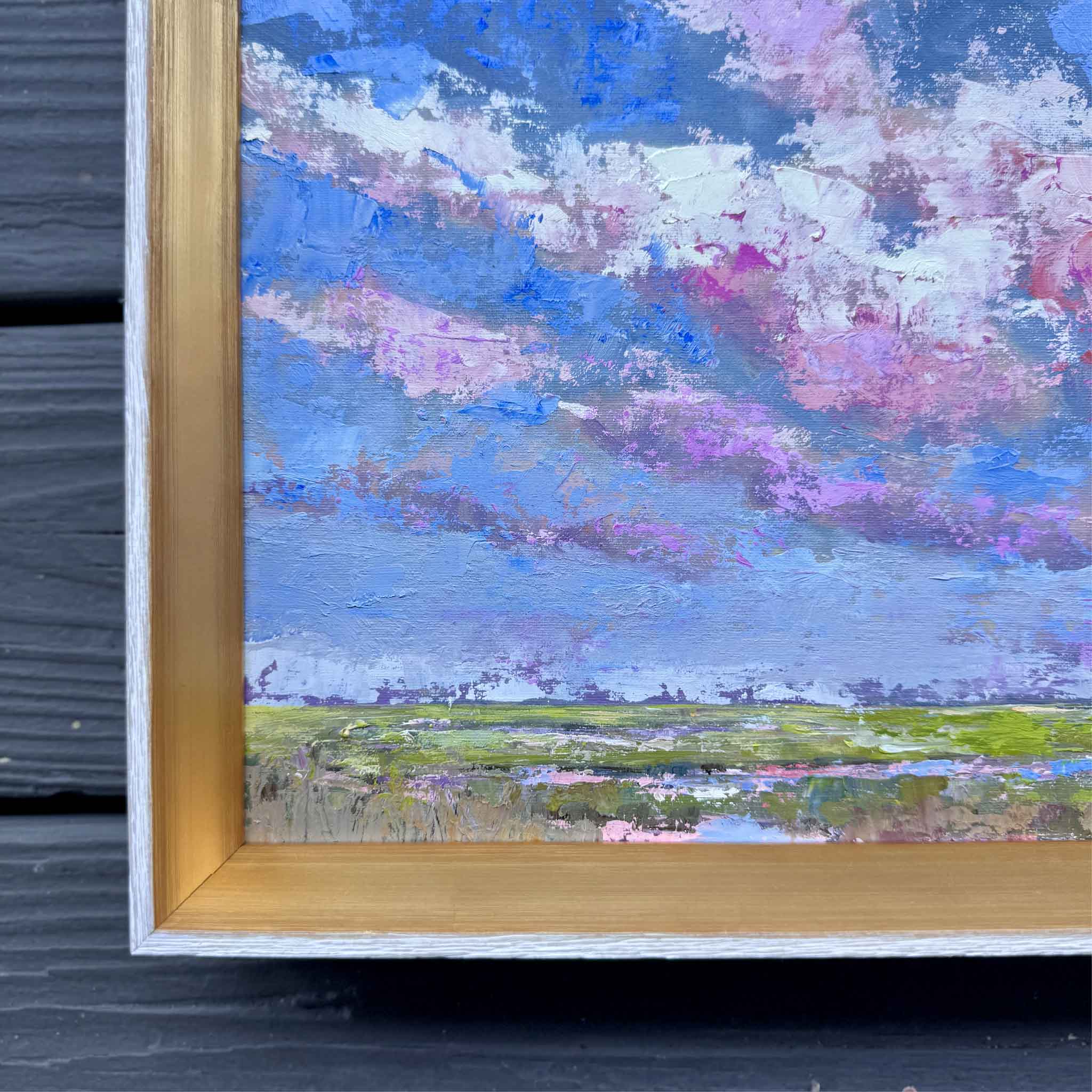 Close up detail of Beneath the Blushing Sky original oil painting by Jeanne O’Neal showing textured brushwork and signature gold frame at Gray Man Gallery in Pawleys Island