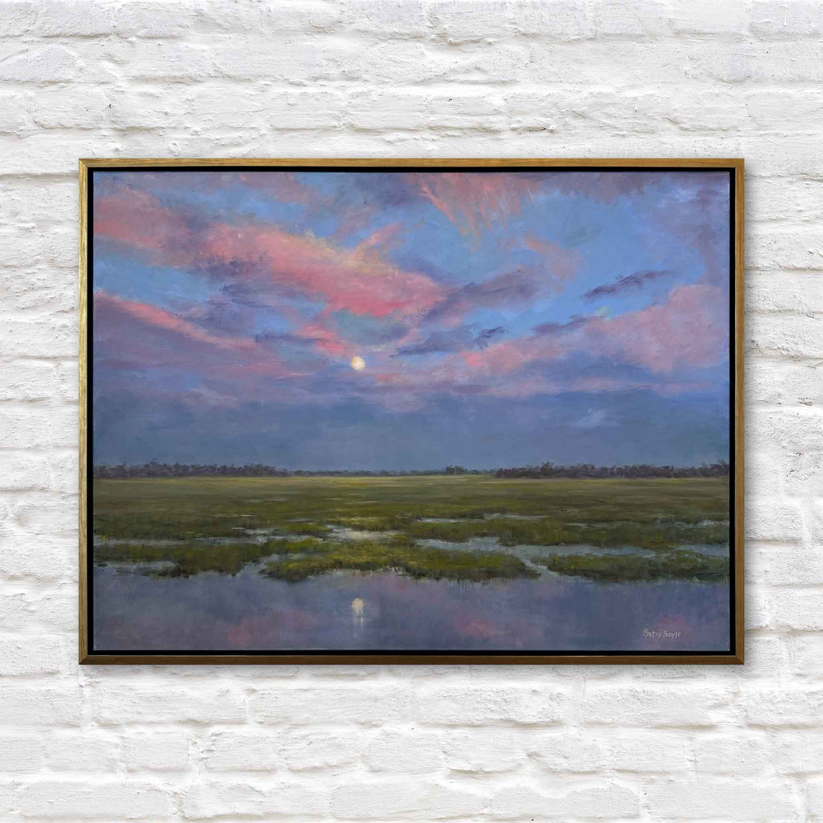 Cool Colors of Morning original oil painting by local South Carolina artist Betsy Boyle featuring a moon over a peaceful Lowcountry marsh beneath sweeping blue, violet and pink morning clouds, framed in gold and available at Gray Man Gallery in Pawleys Island