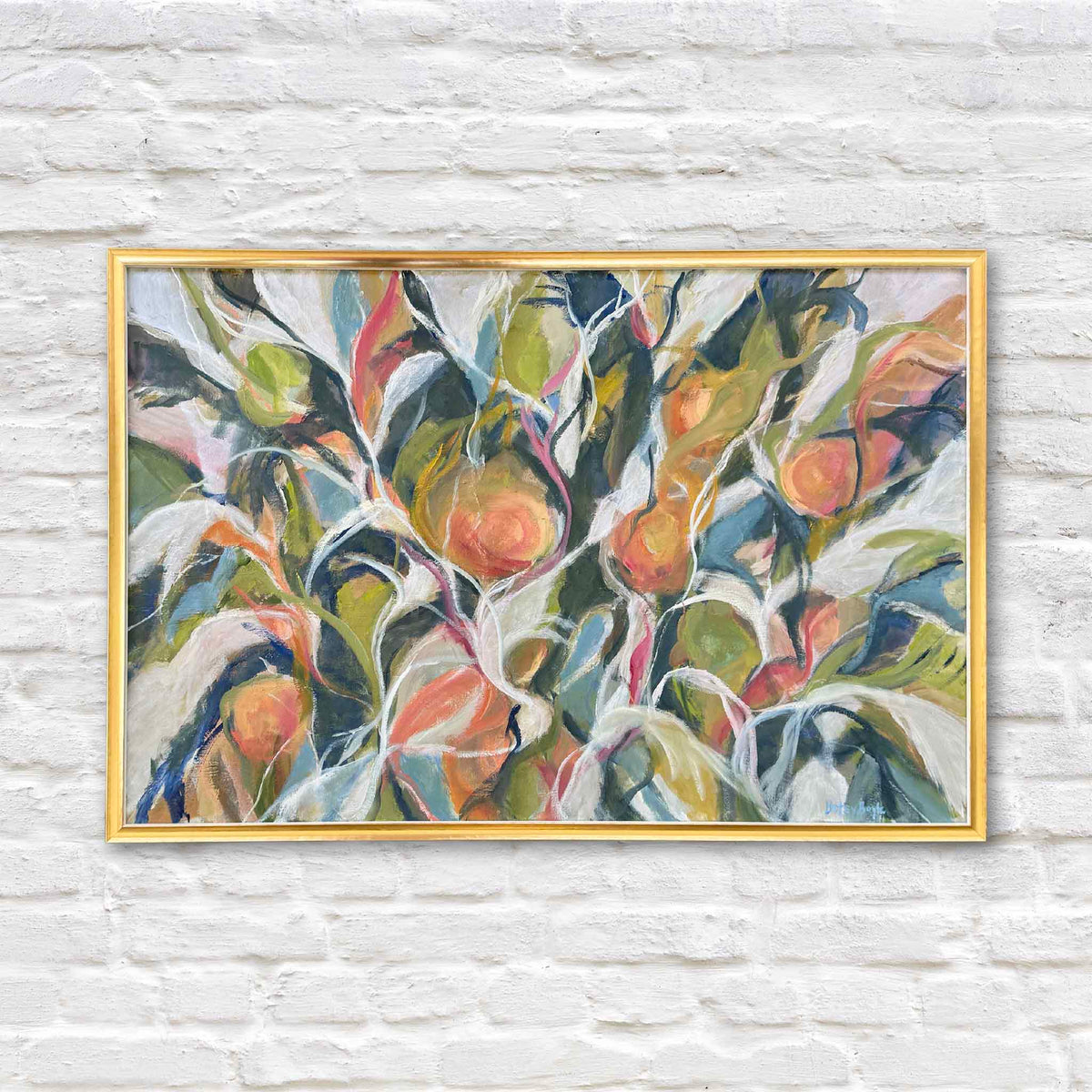 Fruitful in Coral original oil painting by local South Carolina artist Betsy Boyle featuring abstract botanical foliage, coral and peach fruit, olive green leaves, blue-gray accents and expressive white branches in a slender gold frame at Gray Man Gallery in Pawleys Island