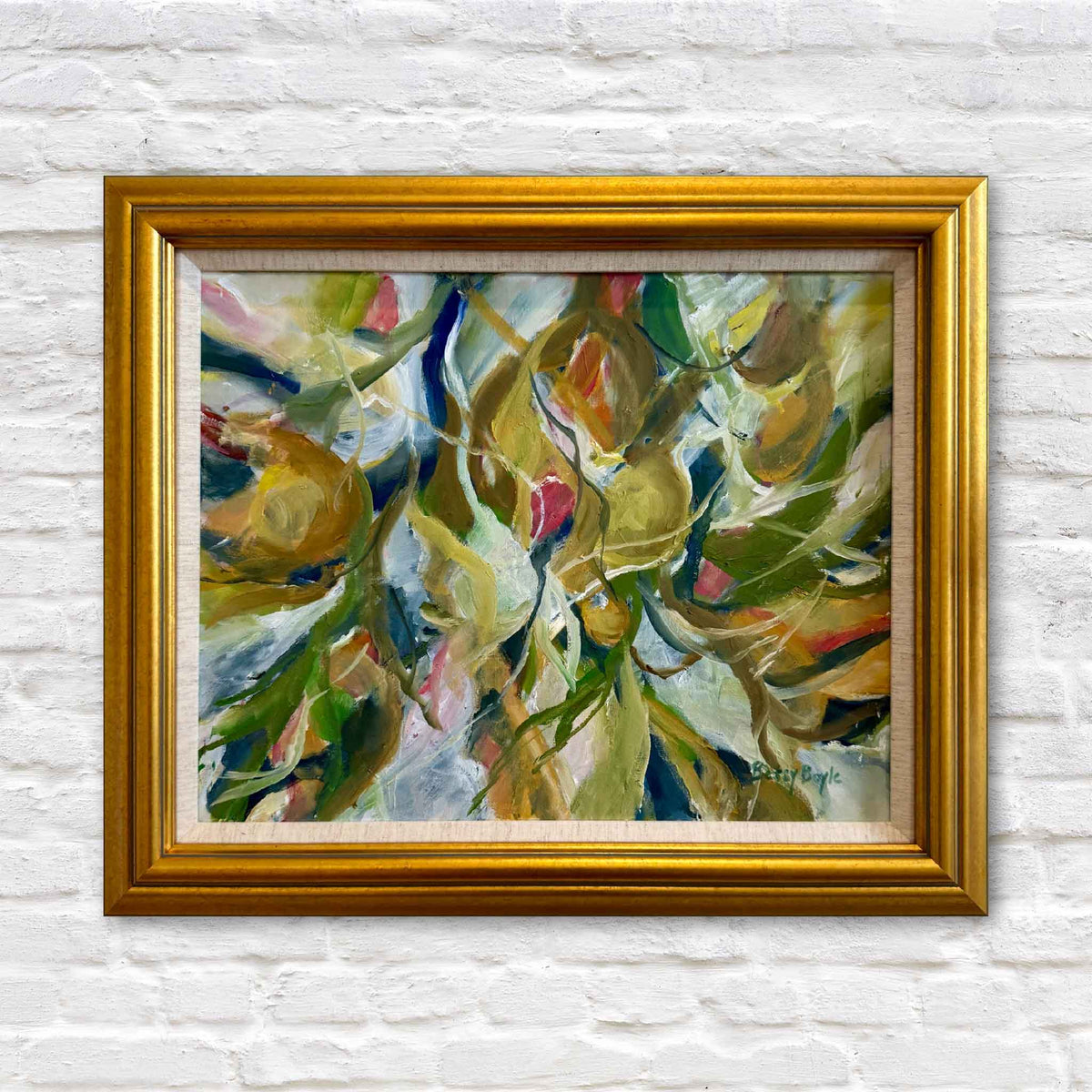 Fruitful in Gold original oil painting by local South Carolina artist Betsy Boyle featuring layered golden pears, olive green foliage, cream, blue and coral botanical forms with expressive abstract brushwork, professionally presented in a substantial gold frame at Gray Man Gallery in Pawleys Island