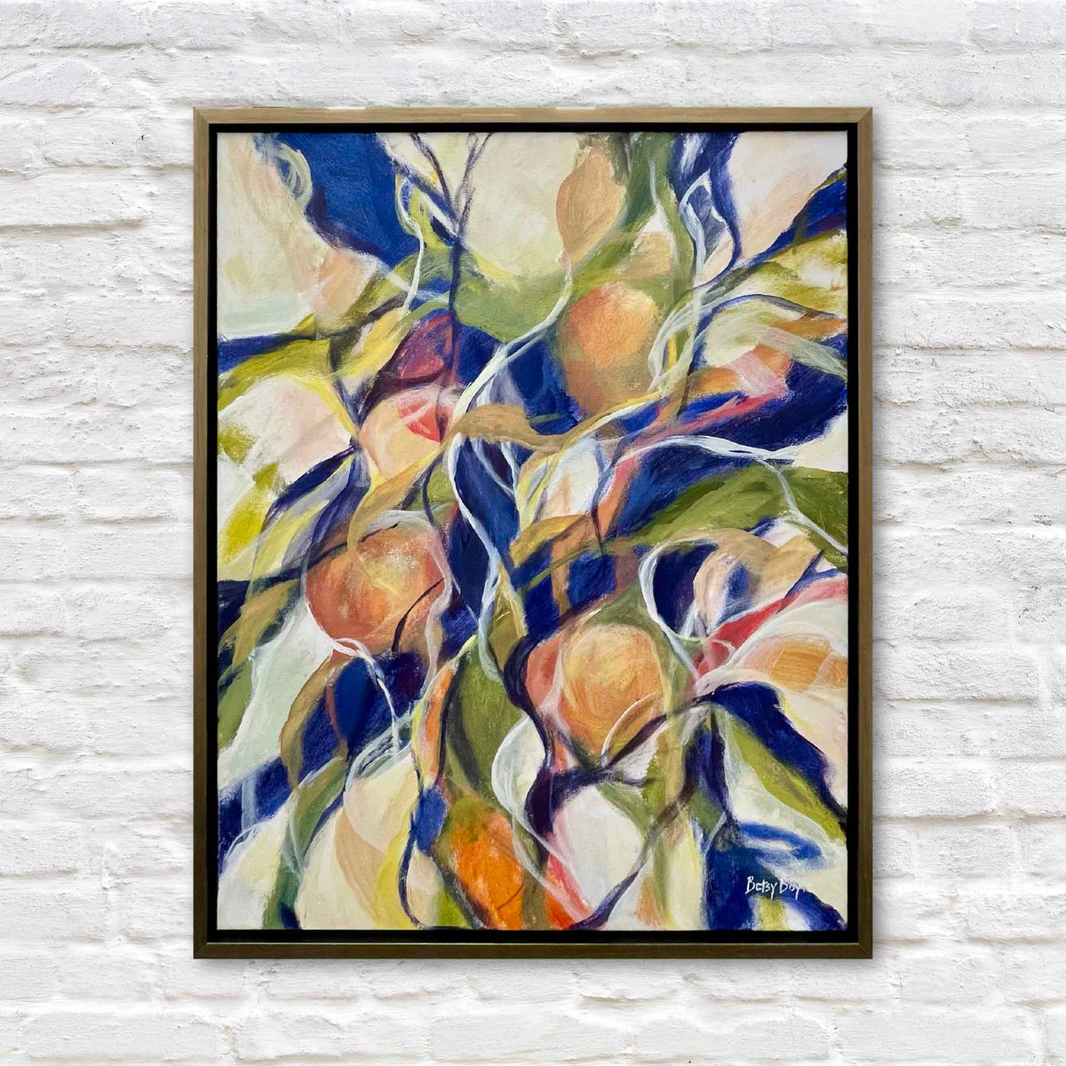 Richly Fruitful original oil painting by local South Carolina artist Betsy Boyle featuring expressive fruit and botanical forms in cobalt blue, olive green, cream, peach, coral and gold, framed and available at Gray Man Gallery in Pawleys Island