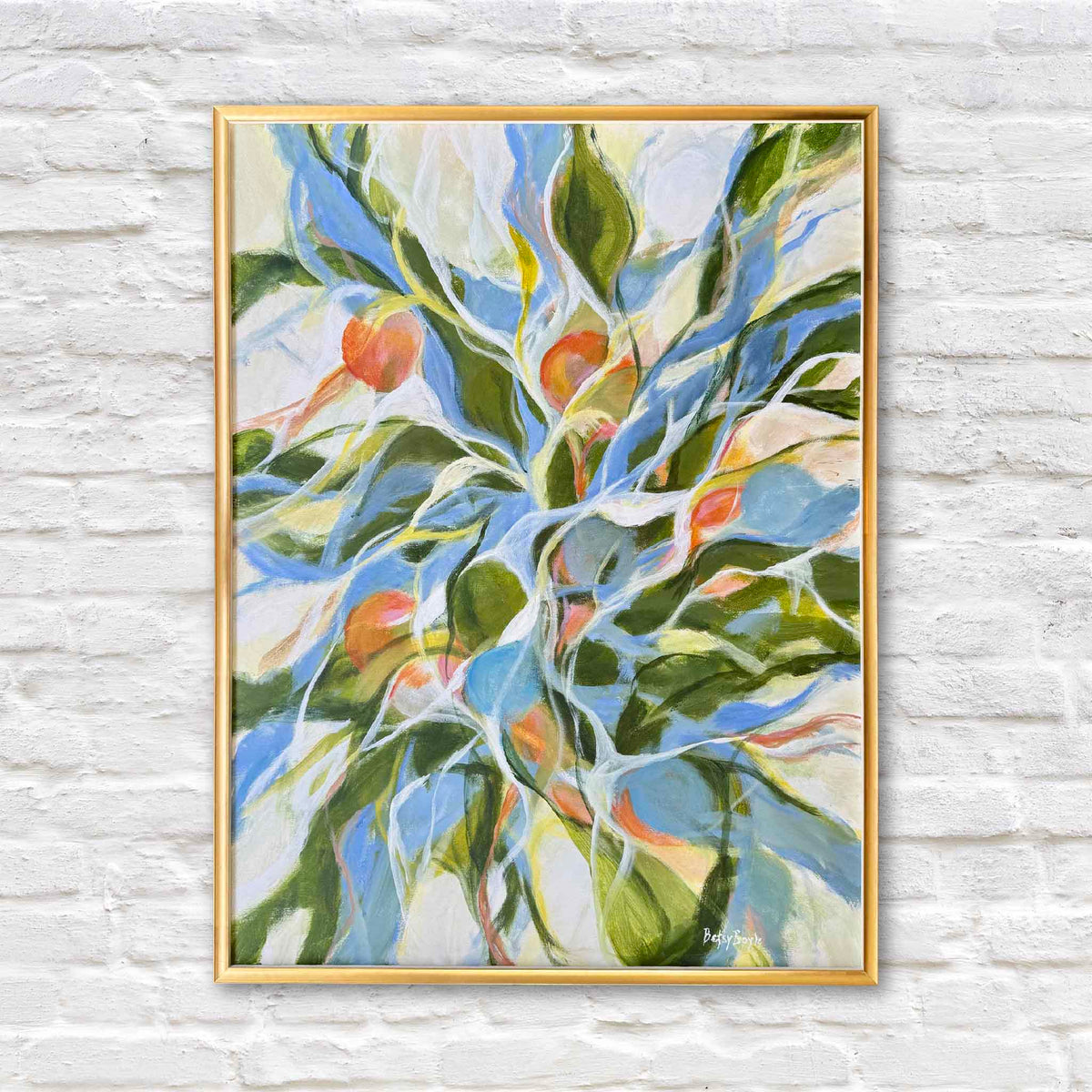 Vibrantly Fruitful original oil painting by local South Carolina artist Betsy Boyle featuring expressive blue and green foliage, orange fruit, sweeping botanical forms and layered brushwork in a slender gold frame at Gray Man Gallery in Pawleys Island