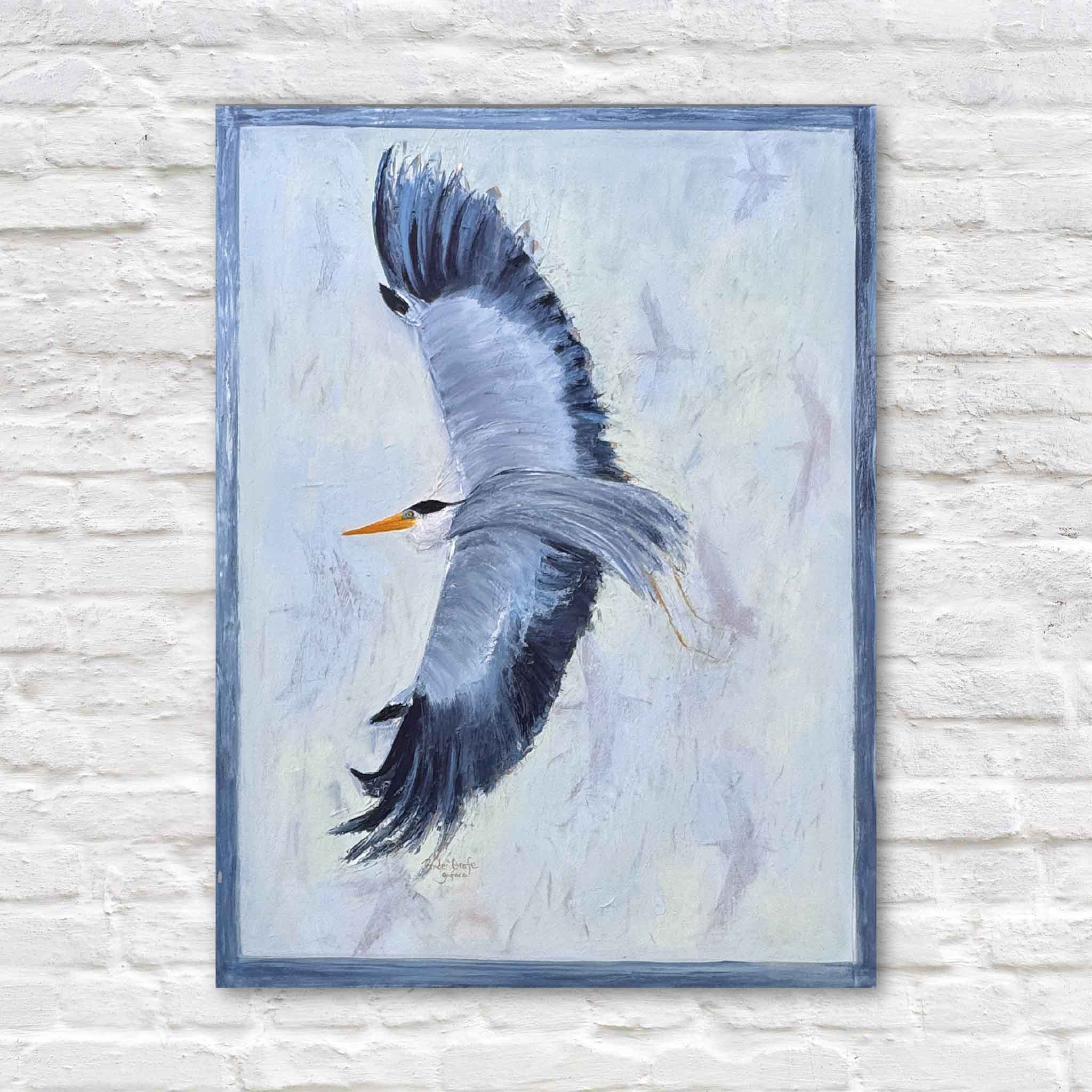 Braden Grafe original oil painting Amen featuring a great blue heron in flight with layered blue and gray tones on a soft neutral background, gallery wrapped canvas with hand painted edges at Gray Man Gallery in Pawleys Island showcasing contemporary Lowcountry coastal art