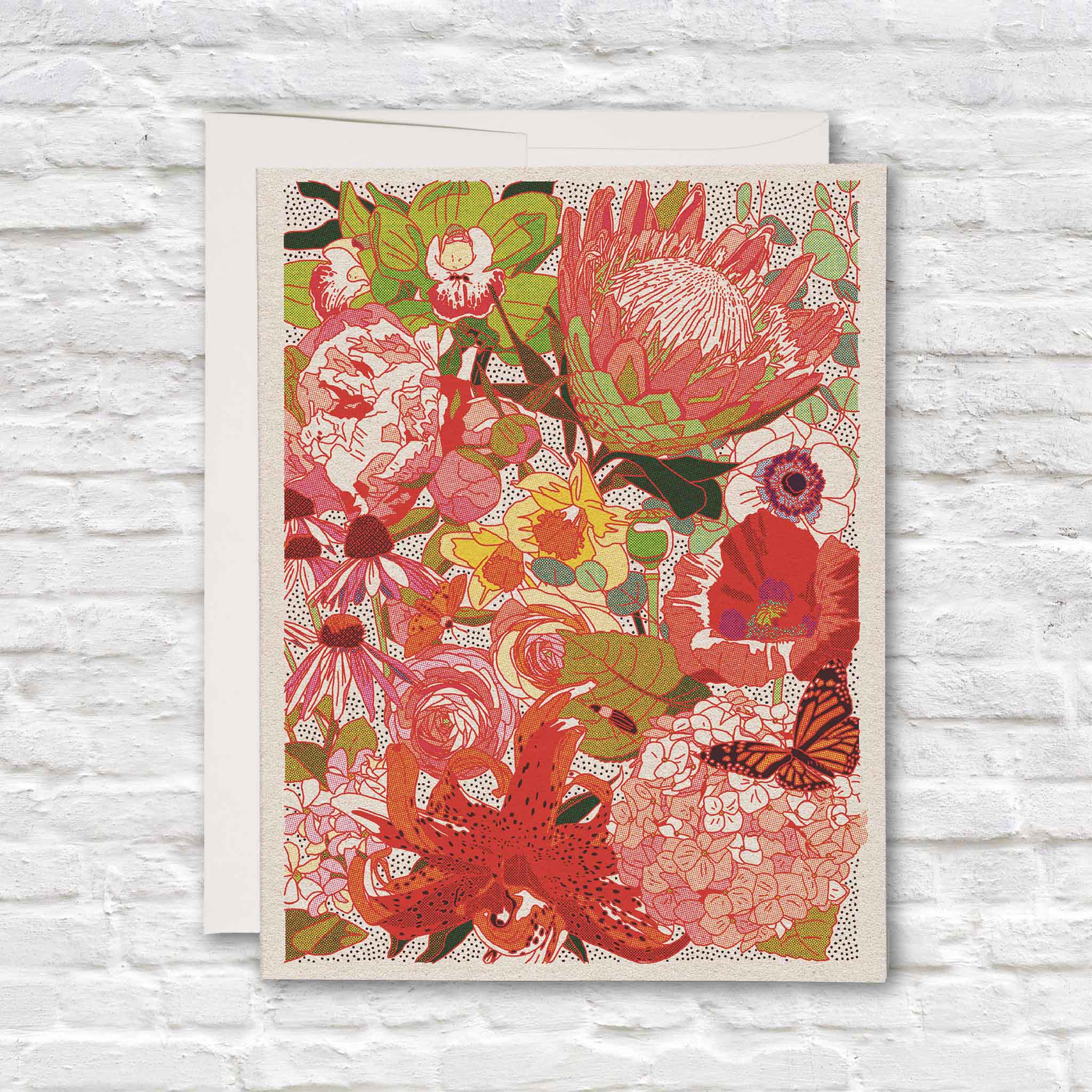 Wild Florals notecard by Caroline Clark featuring a colorful botanical arrangement of protea, lilies, poppies, hydrangeas, roses and a butterfly, from the boxed stationery set available at Gray Man Gallery in Pawleys Island.