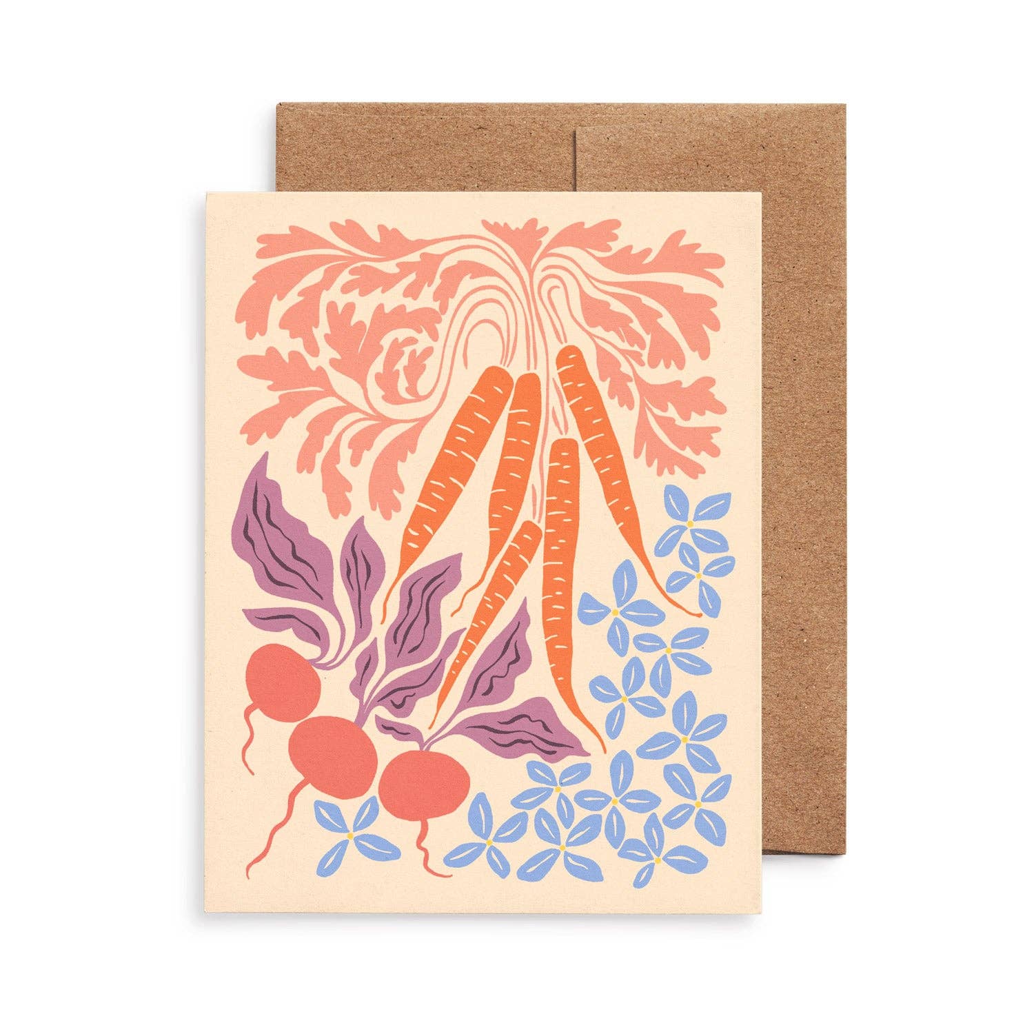 Carrots & Radishes greeting card from the Farmers Market boxed set by Chrissie Van Hoever featuring colorful garden vegetables and botanical illustrations with a recycled kraft envelope. Available at Gray Man Gallery in Pawleys Island, South Carolina.