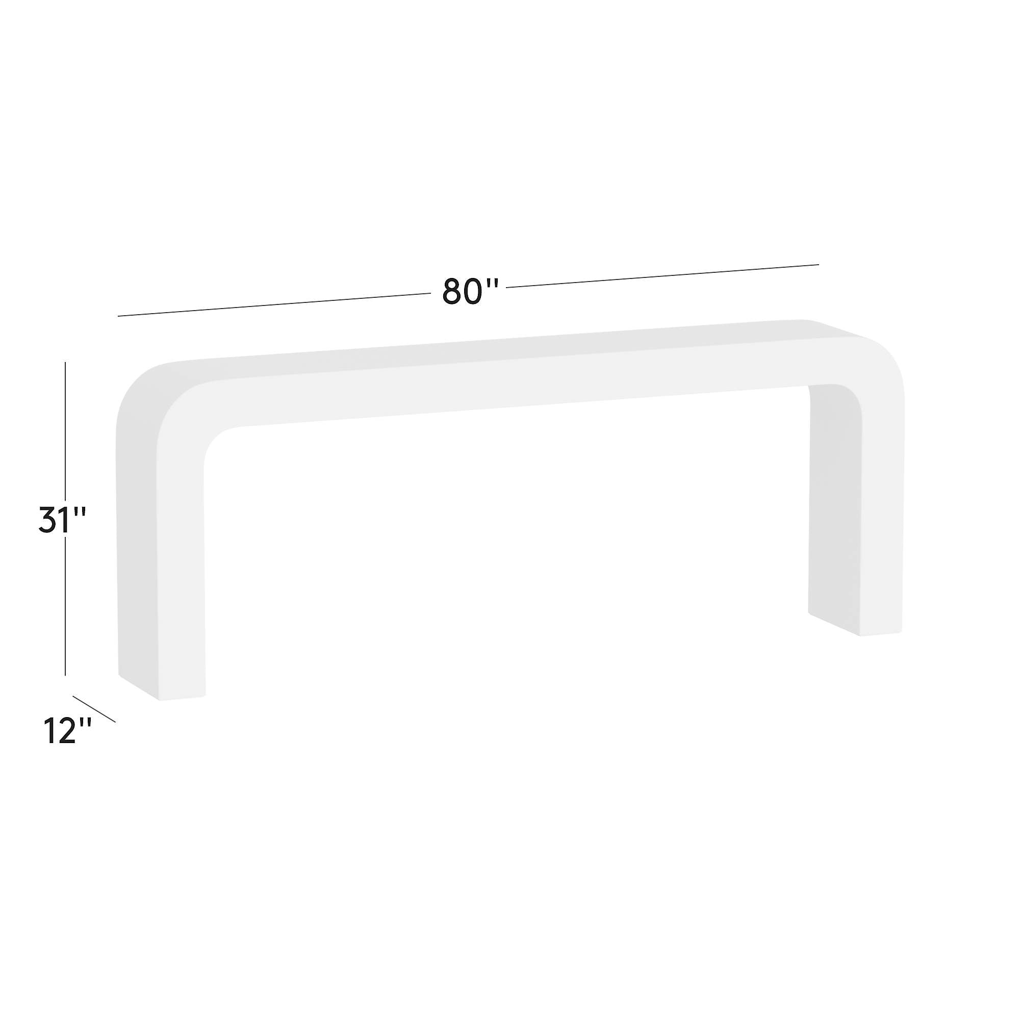 Dimension diagram showing measurements for CB2 Crescent 80 inch ivory resin console table including overall width height and depth specifications for entryway or sofa placement