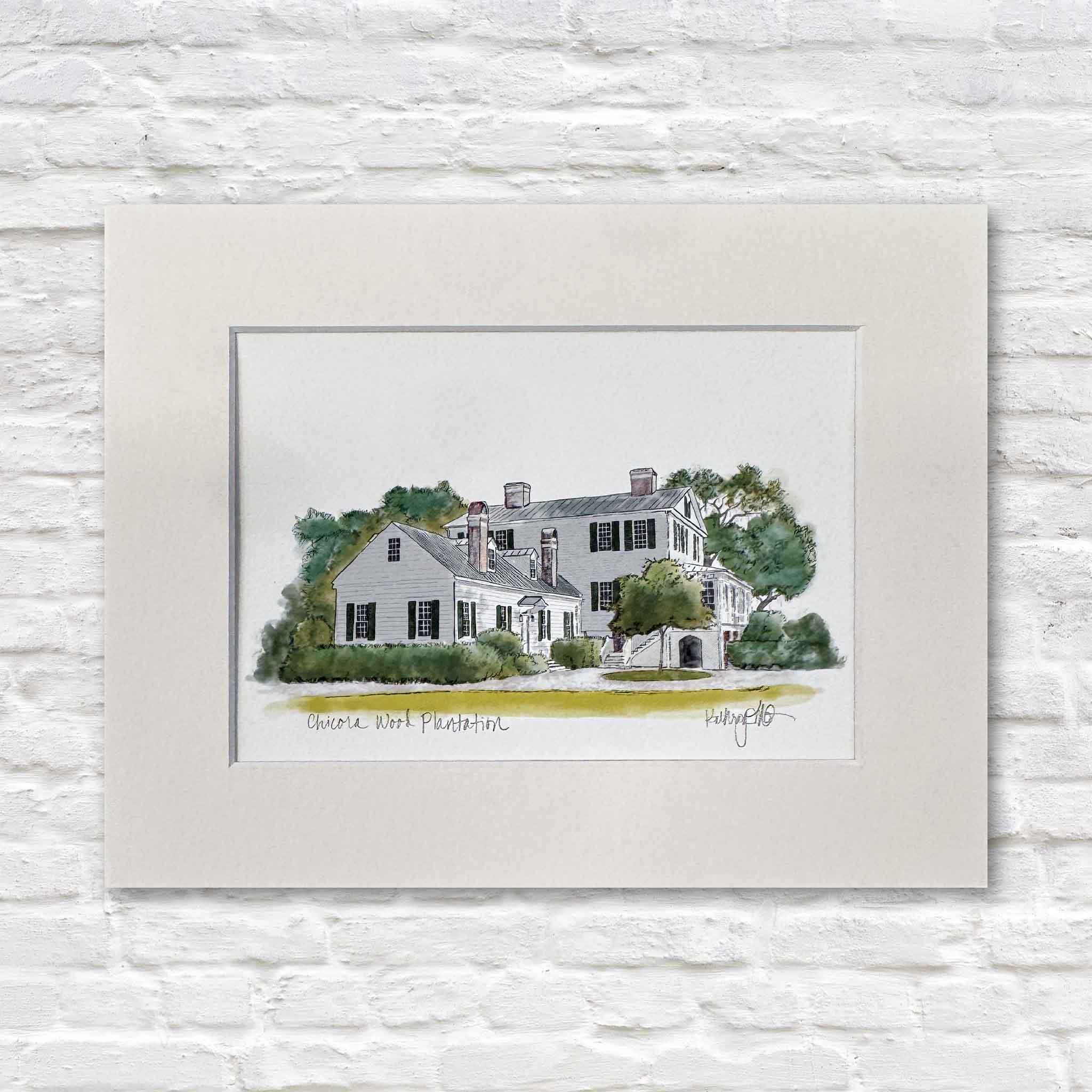 Chicora Wood Plantation fine art print professionally matted to fit standard 8x10 frame, created by local artist, exclusive to Gray Man Gallery in Pawleys Island South Carolina, featuring historic Lowcountry home illustration
