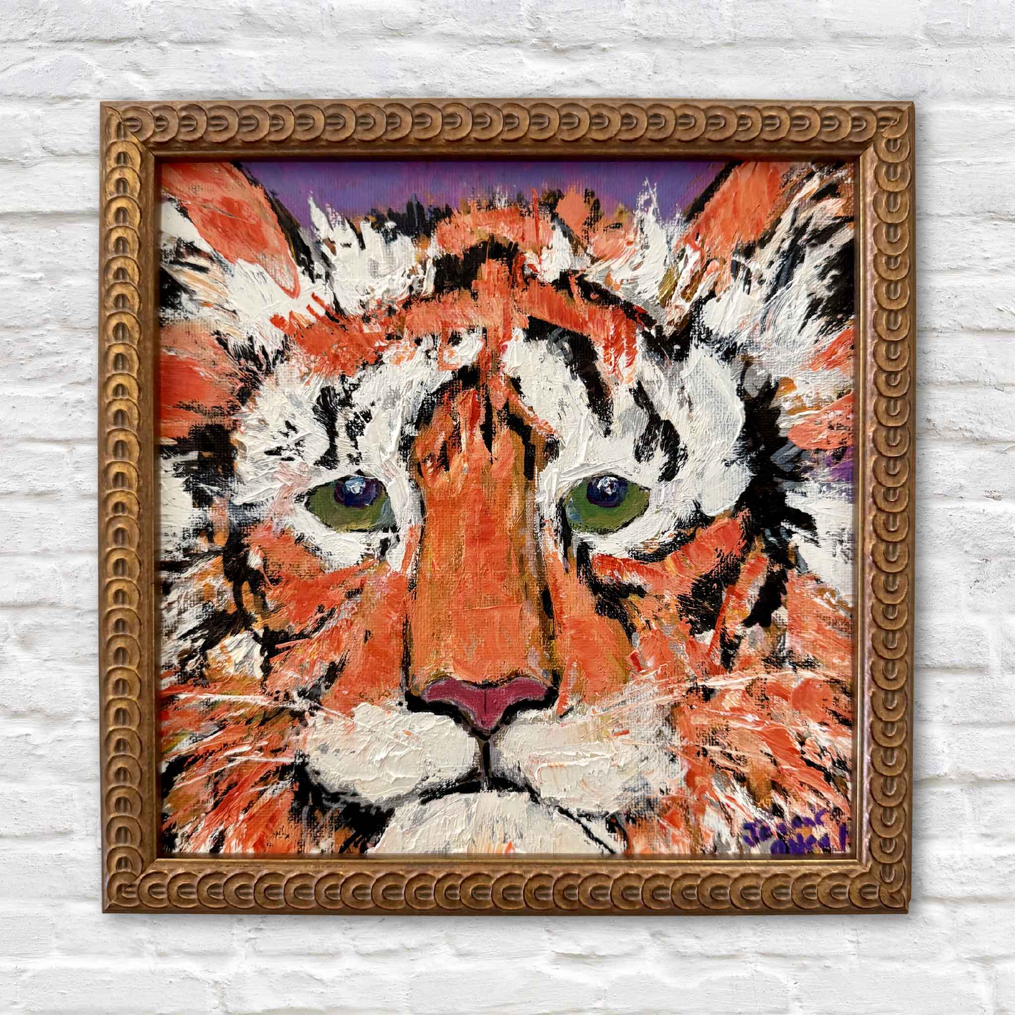 Confidence by Jeanne O'Neal, an original oil painting of a Clemson Tiger featuring bold orange, purple, black, and white brushwork. Wildlife artwork available at Gray Man Gallery in Pawleys Island.