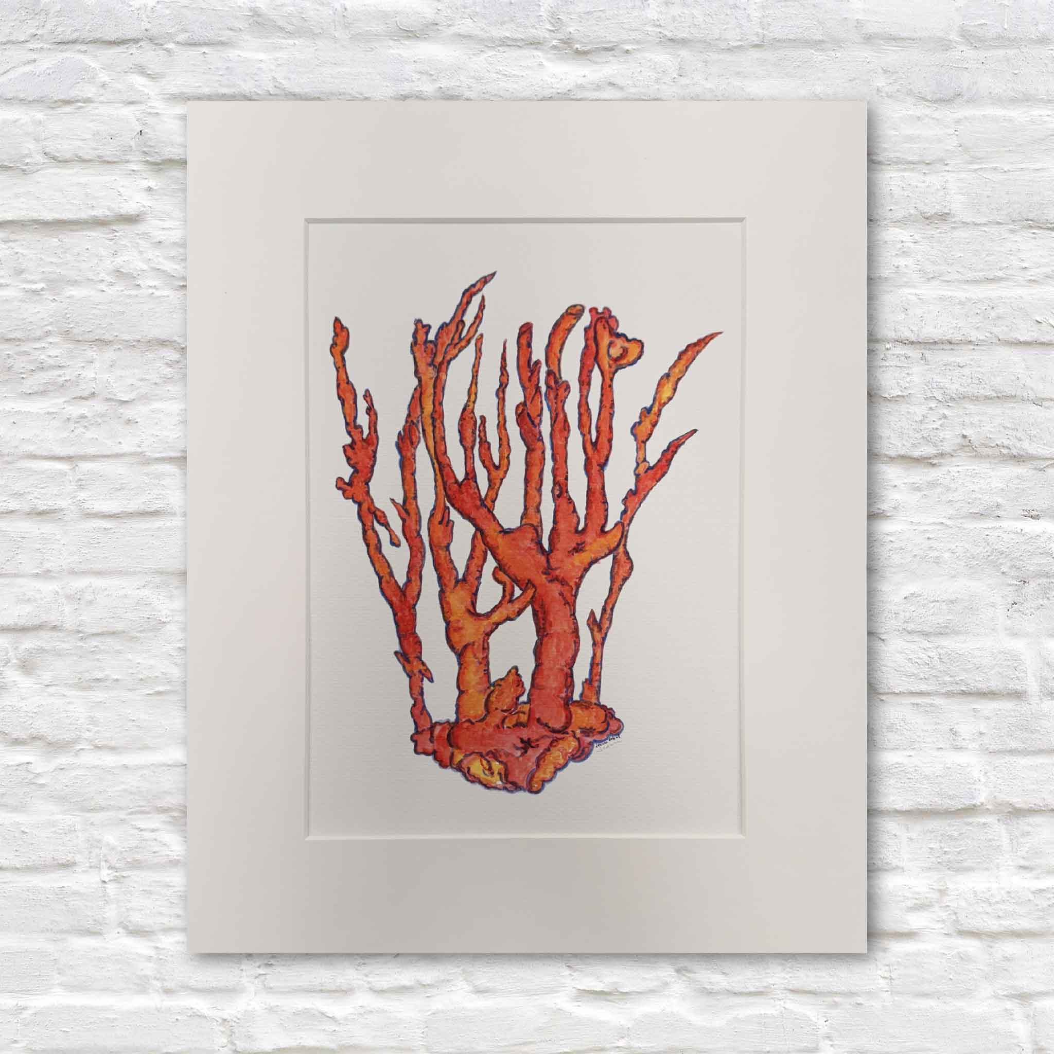 Local artist Jeanne O’Neal Coral Study I fine art giclée print professionally matted to fit standard 11x14 frame, coastal watercolor artwork available at Gray Man Gallery in Pawleys Island SC