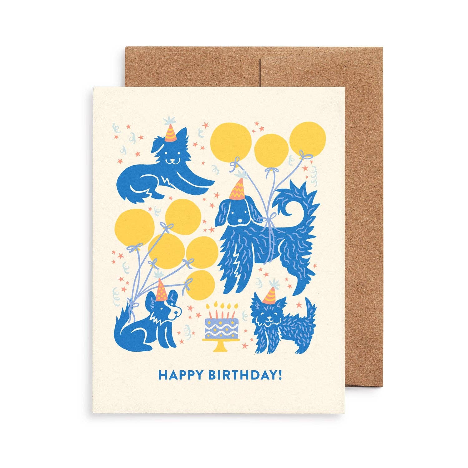 Happy Birthday greeting card by Chrissie Van Hoever featuring festive dogs wearing party hats with balloons, confetti, and a birthday cake. This eco-friendly blank greeting card is printed on recycled paper and available at Gray Man Gallery in Pawleys Island, South Carolina.