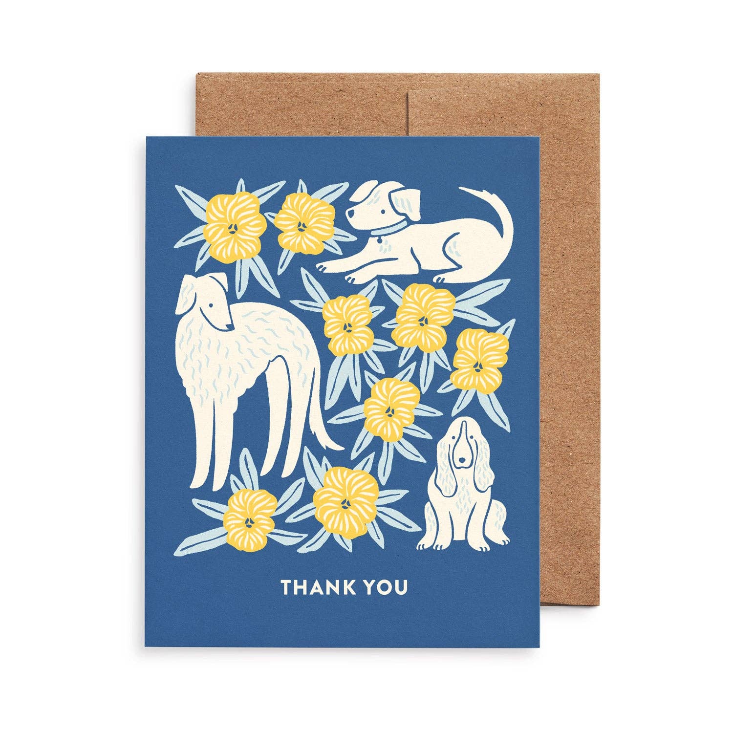 Thank You greeting card by Chrissie Van Hoever featuring a graceful sighthound, playful terrier, floppy-eared hound, and bright yellow flowers on a deep blue background. Blank inside and printed on recycled paper, available at Gray Man Gallery in Pawleys Island, South Carolina.