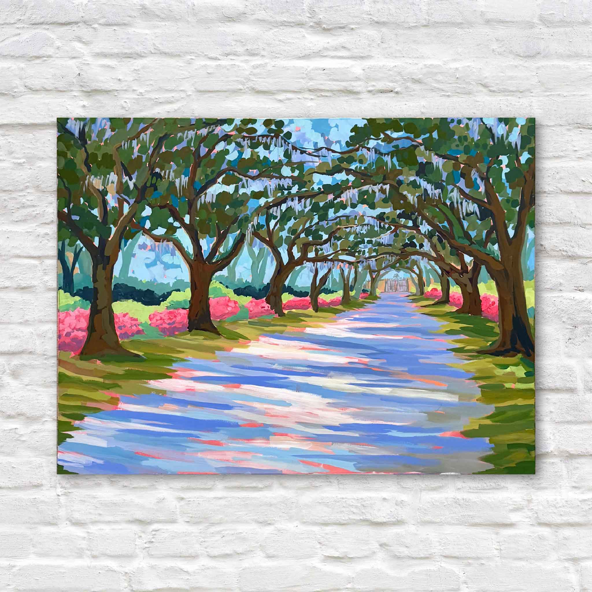 Azaleas in Litchfield acrylic painting by local artist Elizabeth Sheats at Gray Man Gallery, depicting the Avenue of Oaks at historic Litchfield Plantation with blooming pink azaleas and moss-draped live oaks