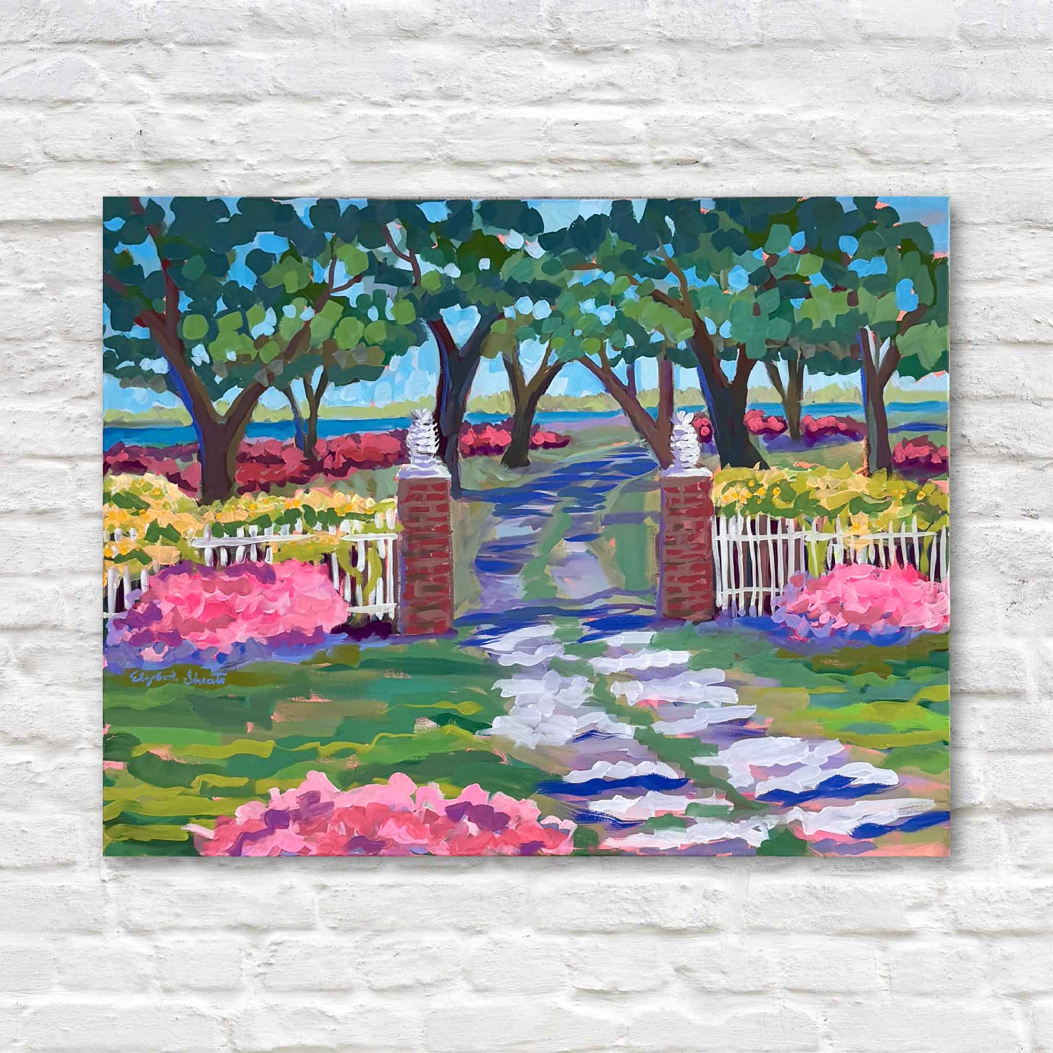 Chicora Wood Plantation Gate acrylic painting by local artist Elizabeth Sheats featuring the historic Georgetown plantation entrance with live oaks, white fencing, brick gateposts, and bright Lowcountry flowers at Gray Man Gallery