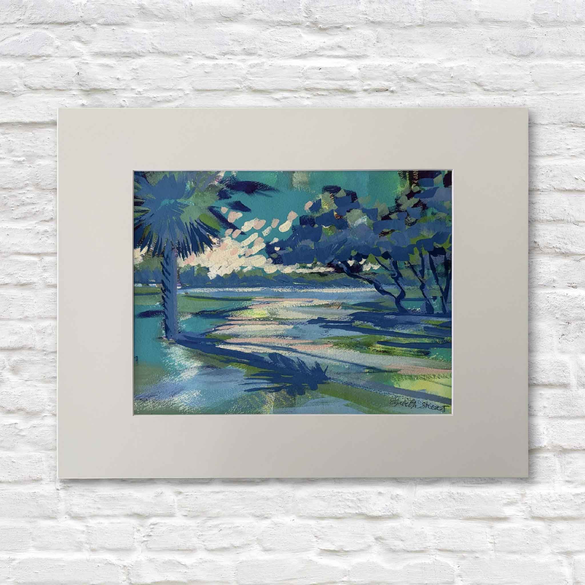 Fine art giclée print “Early Dawn” by Elizabeth Sheats featuring Lowcountry marsh and coastal sunrise with palmettos and water reflections, printed on archival paper and matted for framing, presented by Gray Man Gallery in Pawleys Island South Carolina