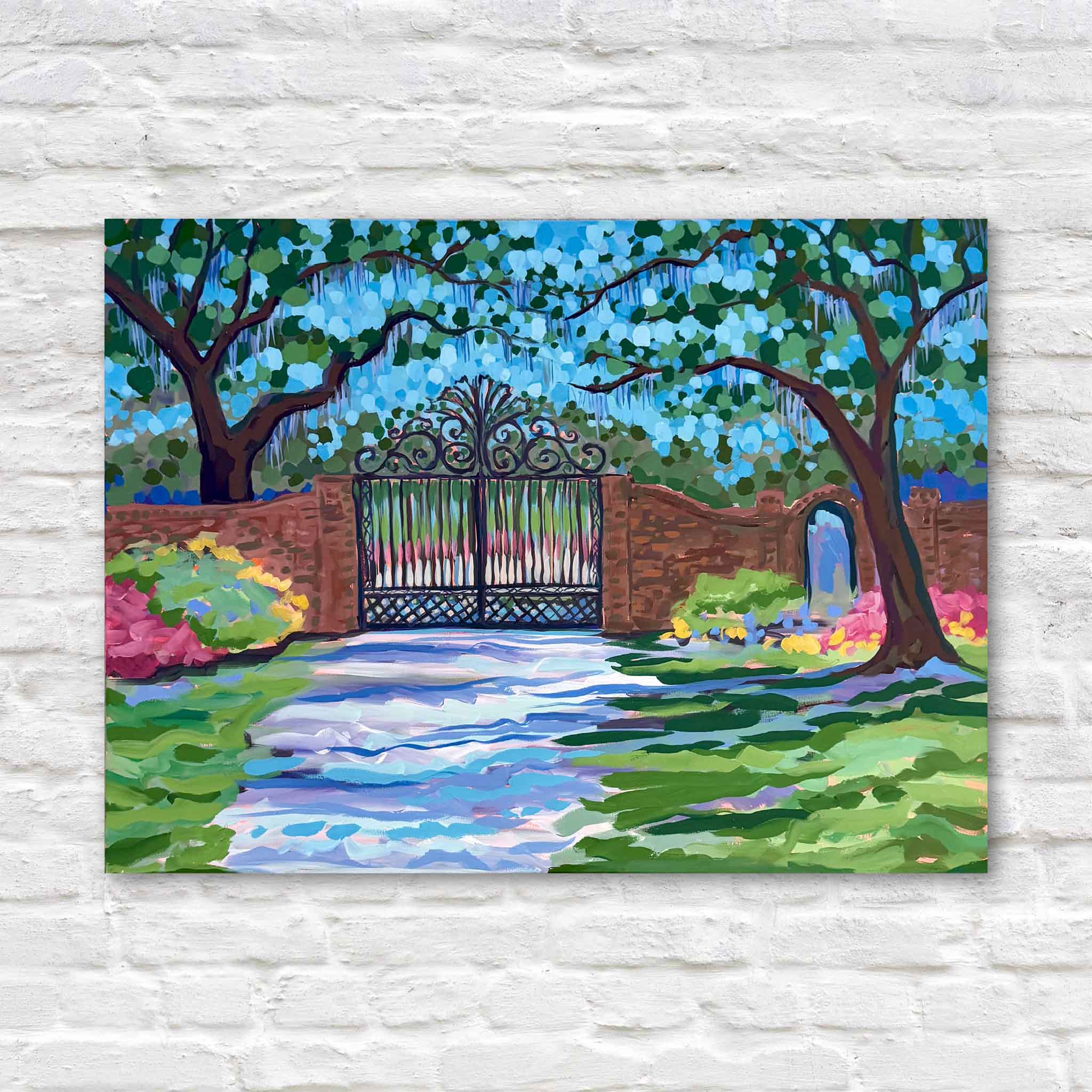 Elizabeth Sheats Litchfield Gate acrylic painting showing the historic Litchfield Plantation gate framed by live oaks and bright azaleas, available at Gray Man Gallery in Pawleys Island