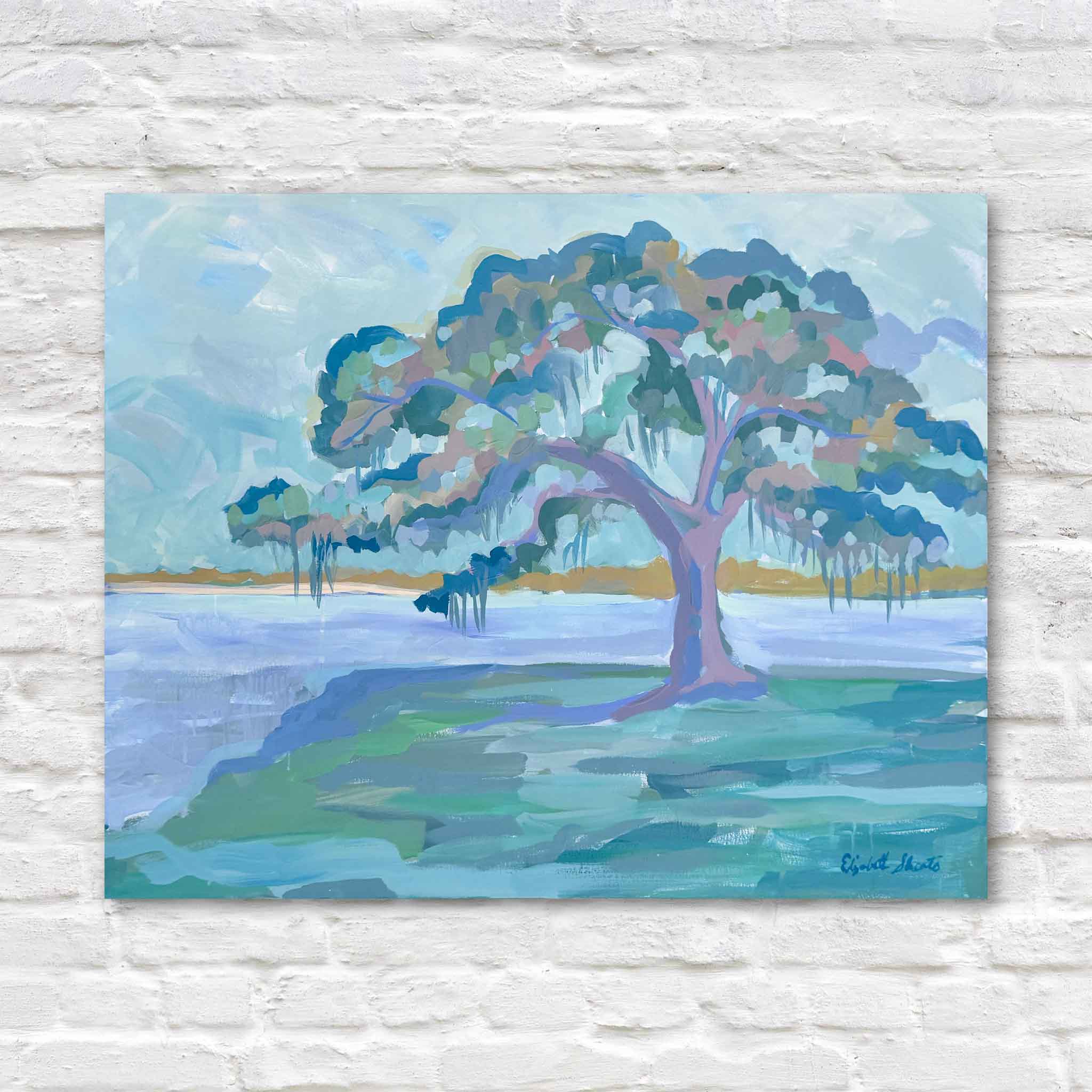 Live Oak Diptych II original acrylic painting by local artist Elizabeth Sheats at Gray Man Gallery featuring a single live oak tree with Spanish moss along a coastal waterway in soft blue and green tones