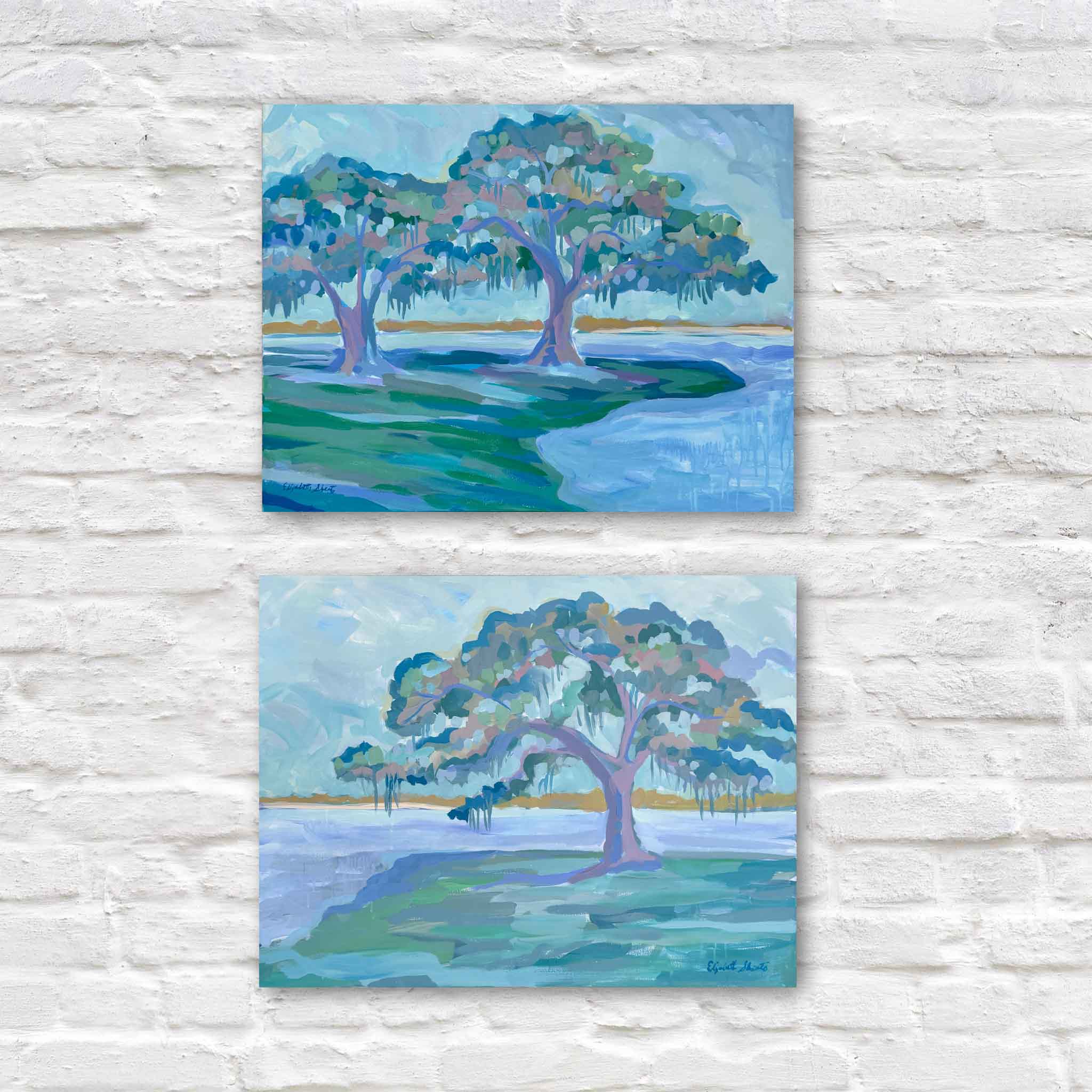 Pair of Live Oak Diptych paintings by Elizabeth Sheats hung one above the other illustrating vertical display option with soft blue and green coastal palette at Gray Man Gallery