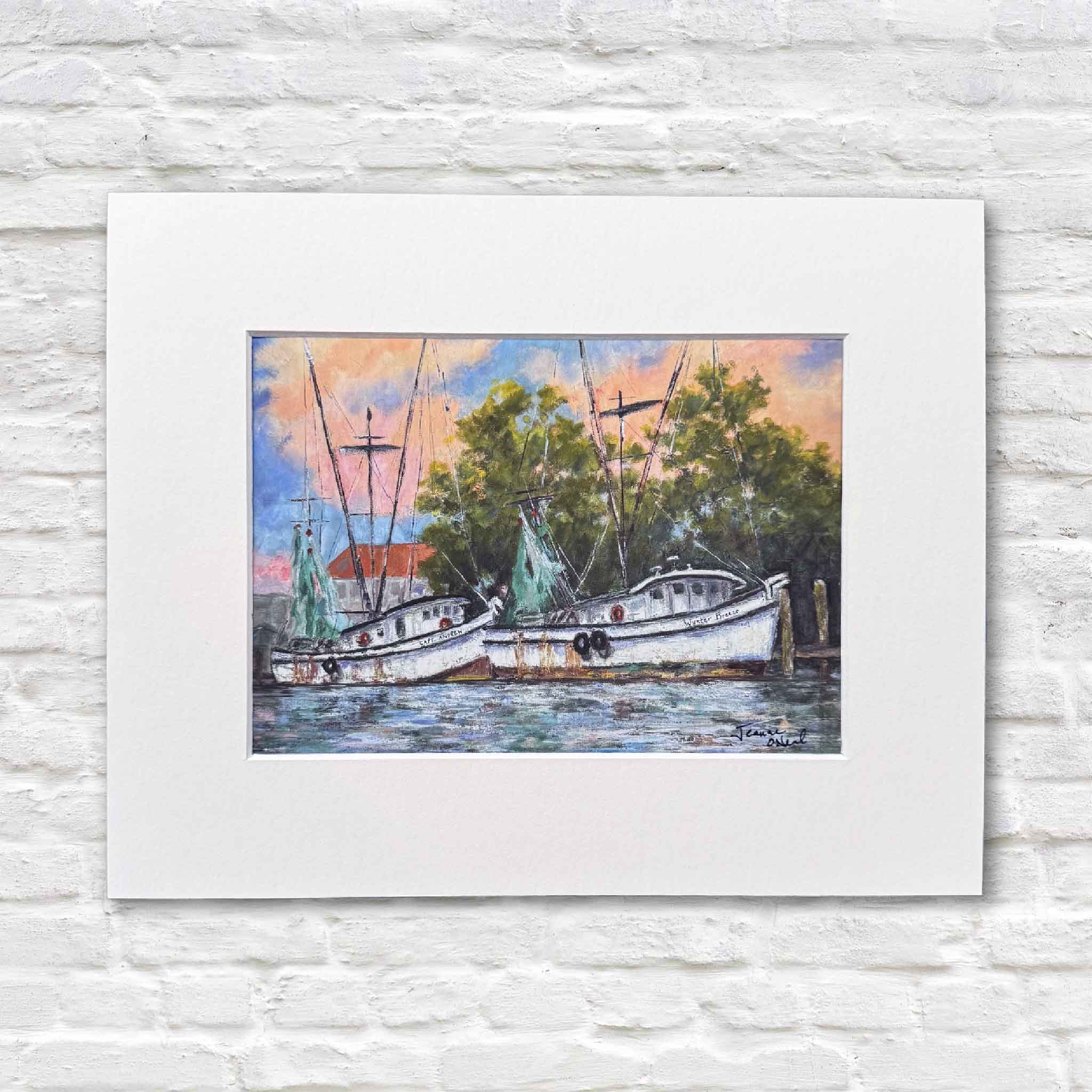 Fine art print of End of Day by Jeanne O’Neal showing Georgetown shrimp boats at sunset, matted and ready to frame.