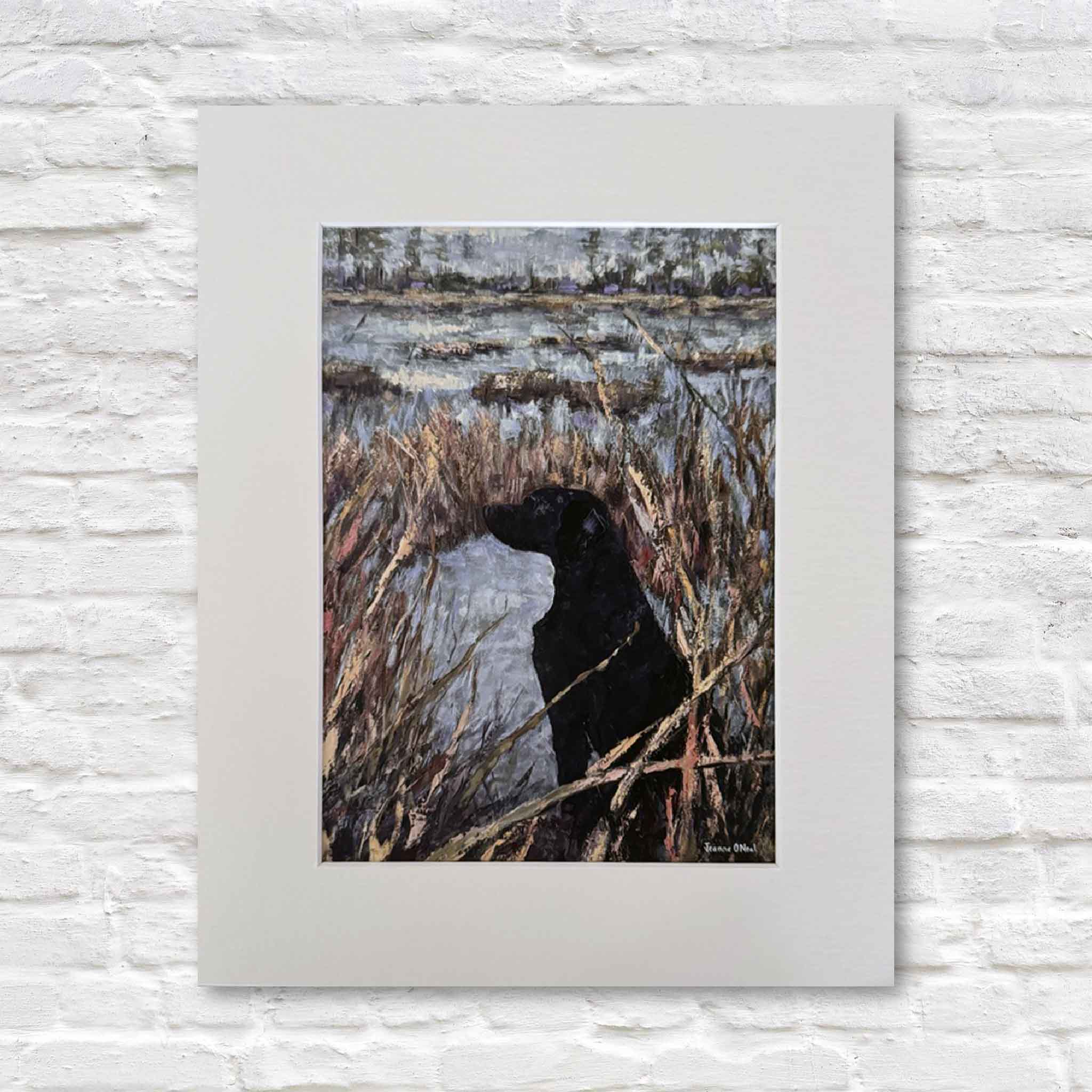Local artist Jeanne O’Neal “Eyes in the Sky” fine art giclée print at Gray Man Gallery in Pawleys Island, South Carolina, featuring black Labrador in coastal marsh, professionally matted 11x14 archival print ready to frame