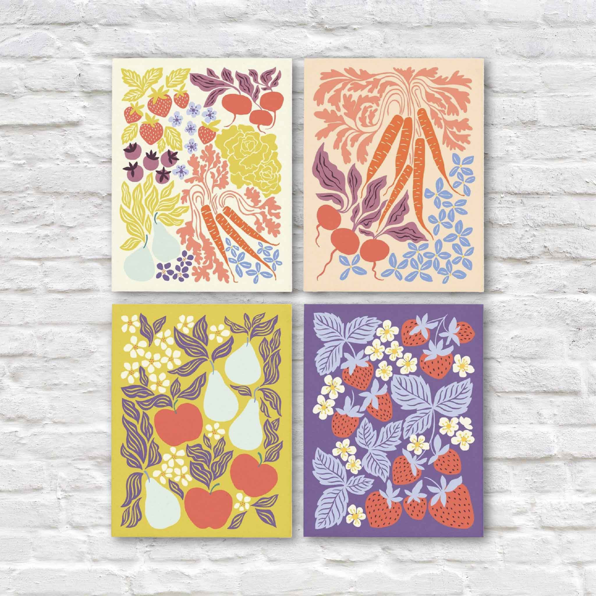 Farmers Market boxed greeting card set by Chrissie Van Hoever featuring four colorful botanical designs inspired by fruits, vegetables, and farmers market produce. Available at Gray Man Gallery in Pawleys Island, South Carolina.