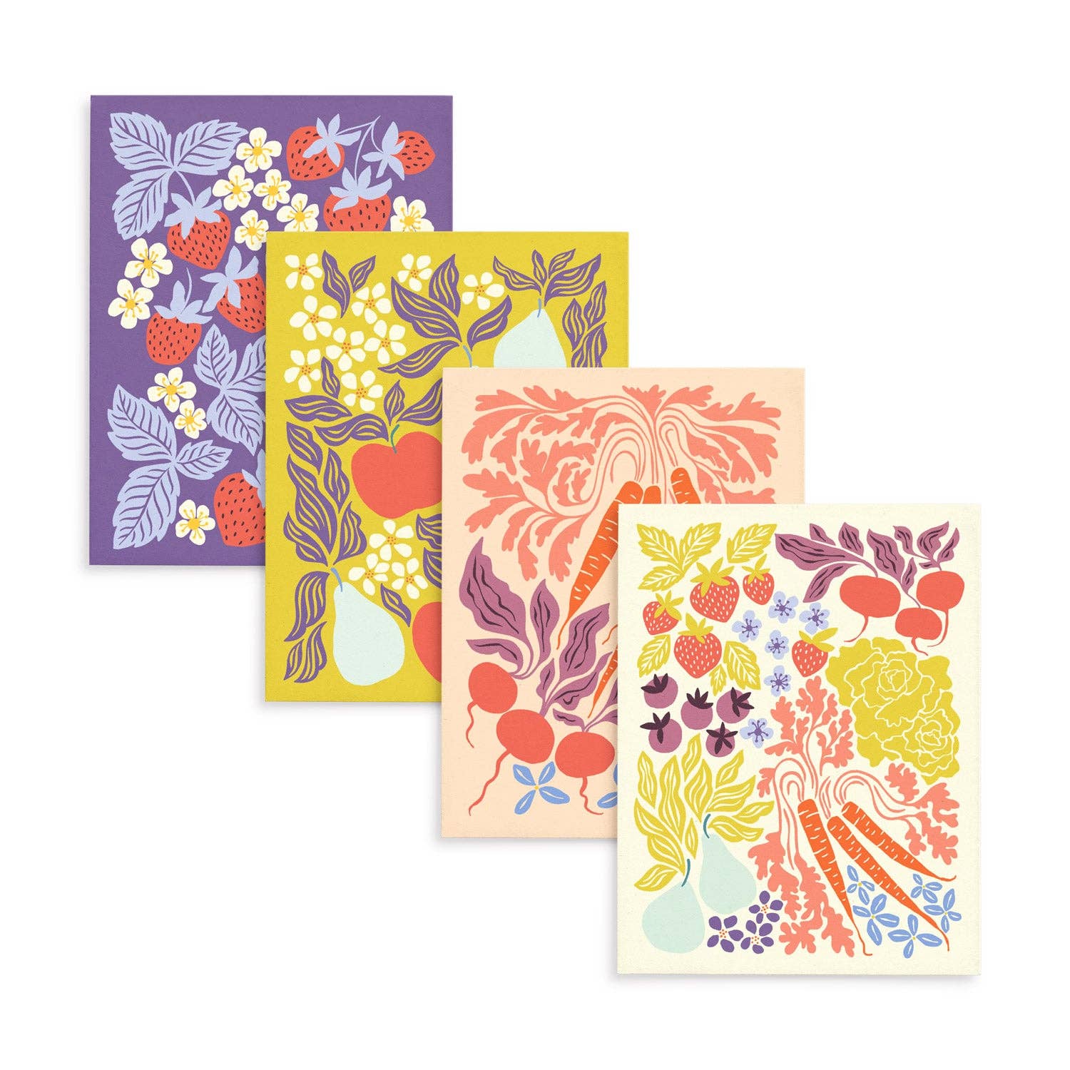 Farmers Market boxed greeting card collection featuring the four included botanical designs by Chrissie Van Hoever: Farmer's Market, Carrots & Radishes, Strawberry Patch, and Apples & Pears. Available at Gray Man Gallery in Pawleys Island, South Carolina.