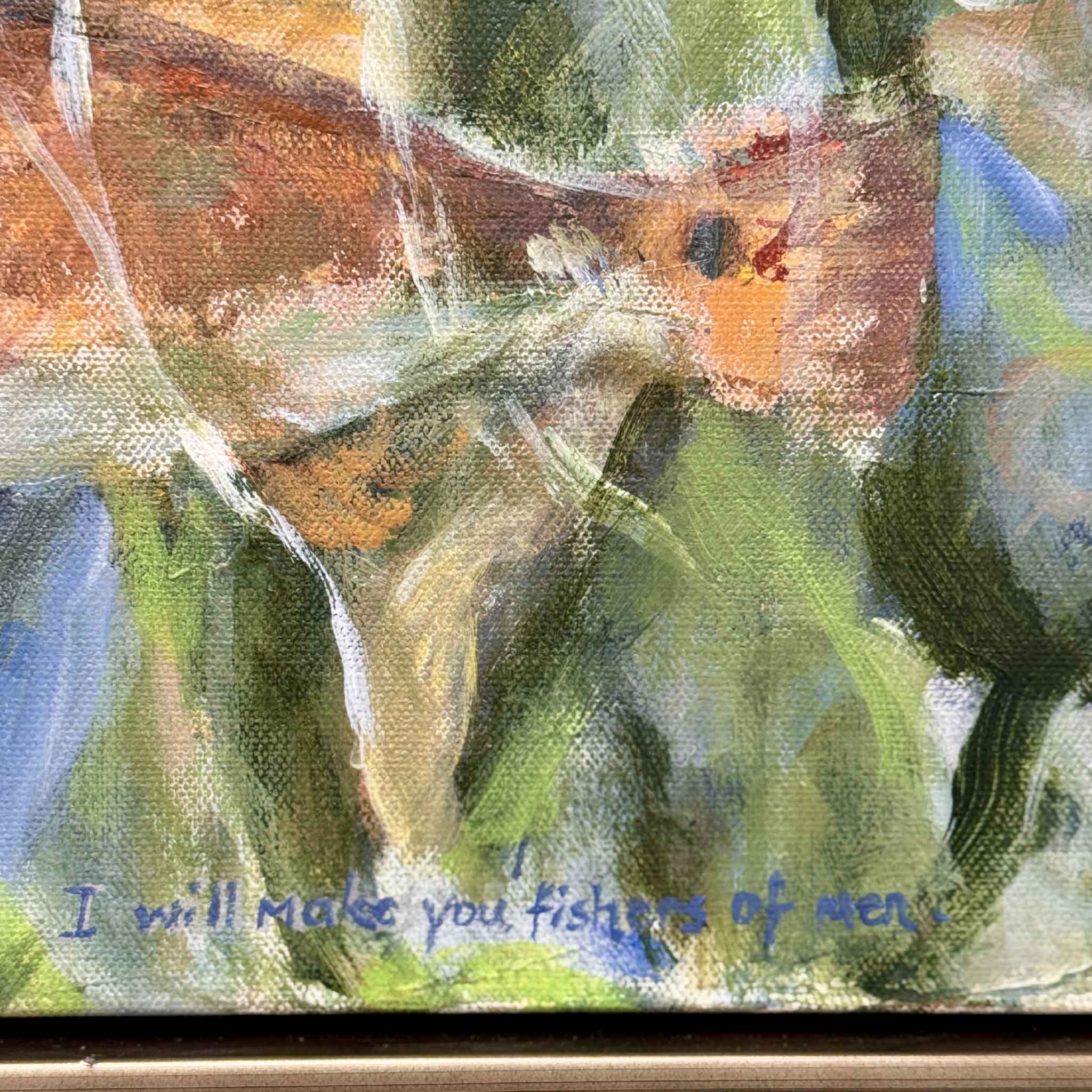 Close-up detail of “Fishers of Men” original painting by local artist Betsy Boyle at Gray Man Gallery in Pawleys Island, featuring the handwritten biblical verse woven into the coastal artwork.