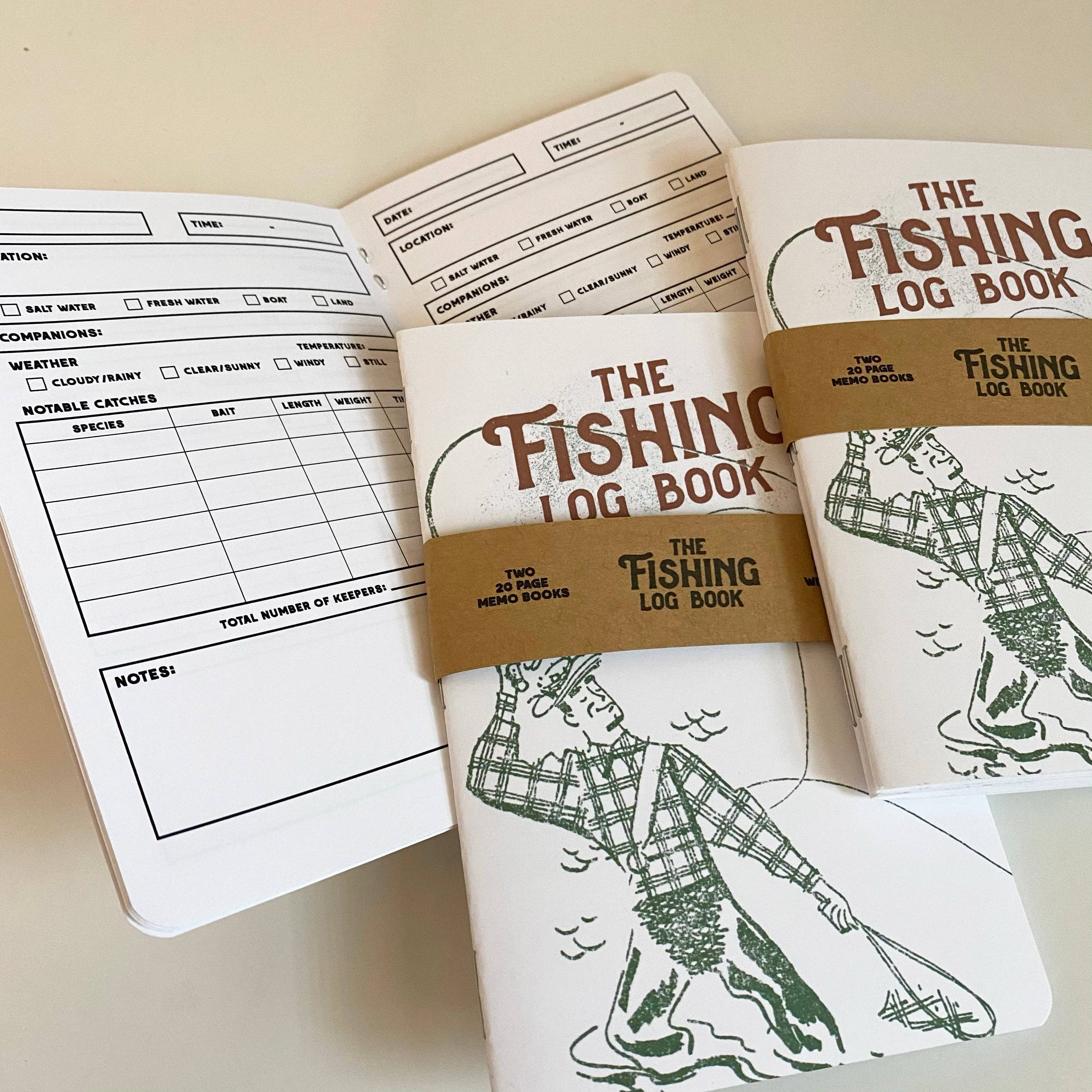 Open Fishing Log Book showing fishing trip record pages alongside pocket-sized fishing journals. Ideal gift for fishermen, fishing guides, dads, grandfathers, and outdoor enthusiasts who want to document catches and fishing adventures.