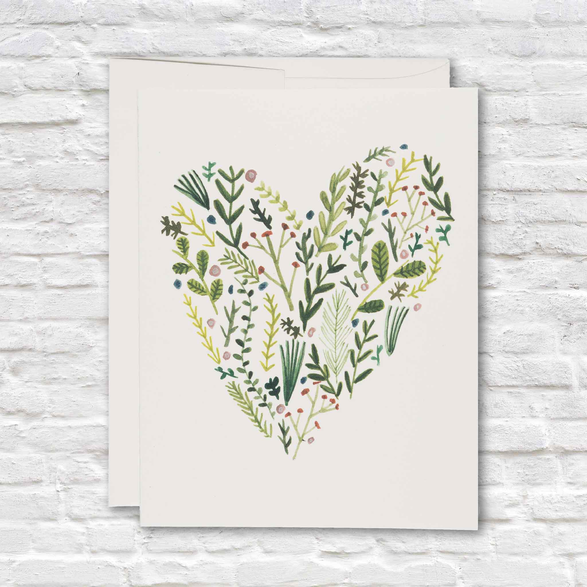Floral Heart greeting card illustrated by Lizzy Stewart featuring an elegant heart created from delicate botanical leaves, wildflowers, berries, and greenery on a soft cream background. This blank-inside Red Cap Cards greeting card is available at Gray Man Gallery in Pawleys Island, South Carolina and is perfect for weddings, anniversaries, Valentine's Day, encouragement, sympathy, or everyday handwritten notes.