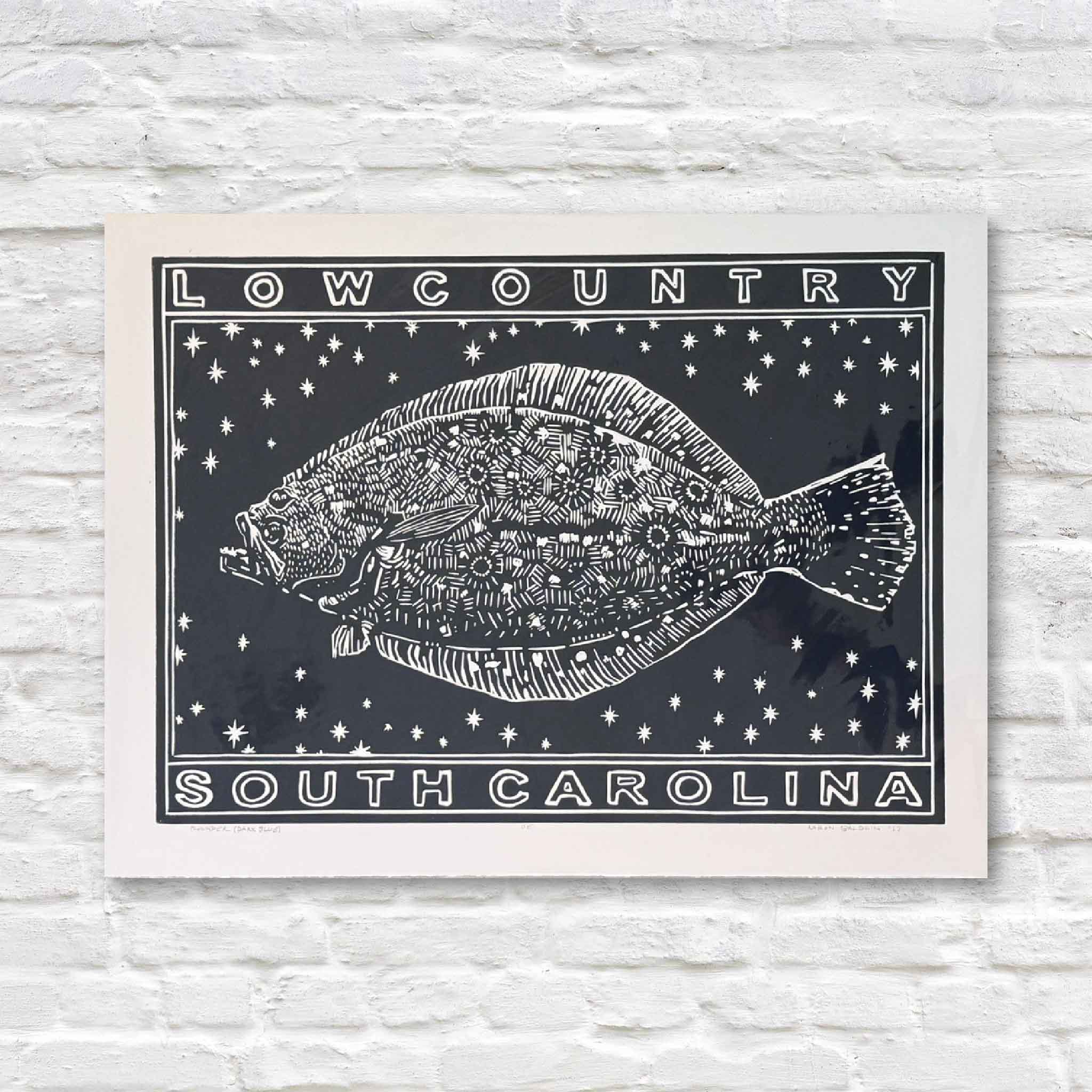 Flounder linocut print by Aaron Baldwin in dark blue ink, with intricate detailing and coastal Lowcountry styling.