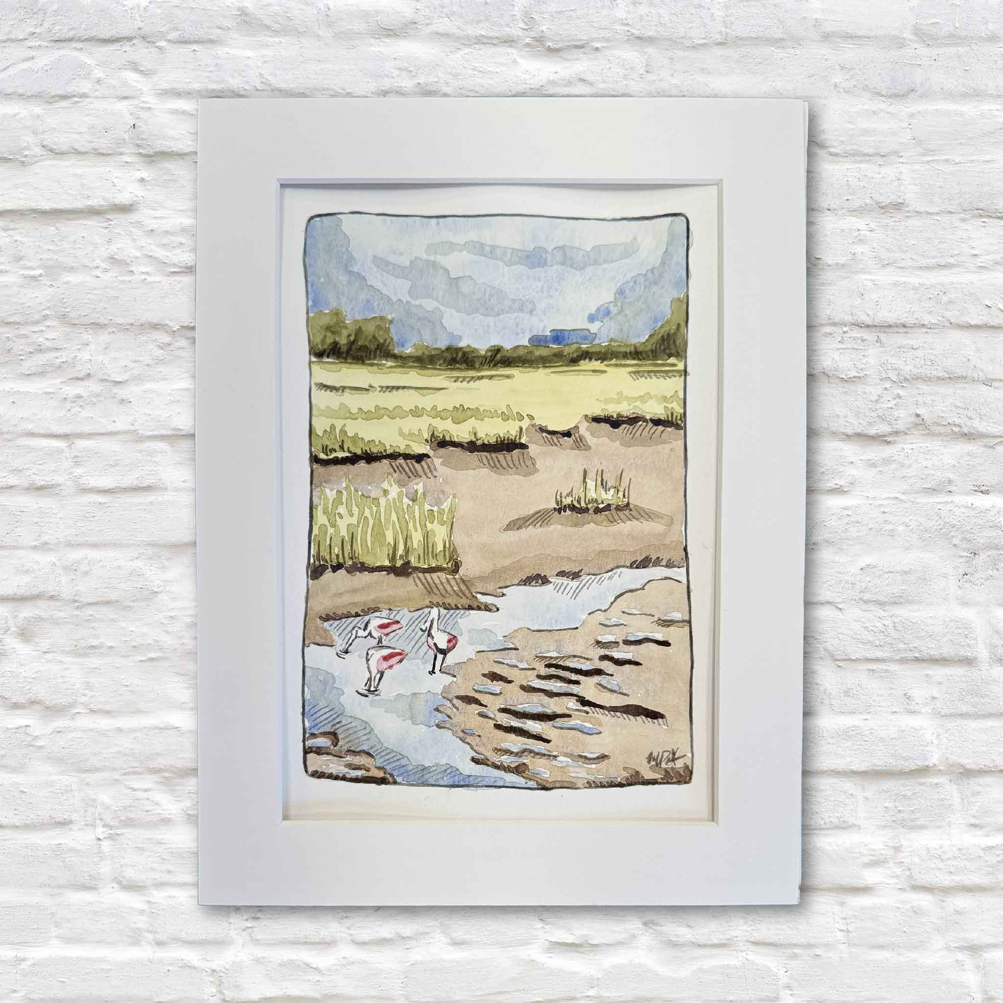 Following the Tide by Maggie Pelton, original watercolor featuring roseate spoonbills feeding along a Lowcountry tidal flat and marsh creek. Professionally matted to fit a standard 9x12 frame and available at Gray Man Gallery in Pawleys Island, South Carolina.
