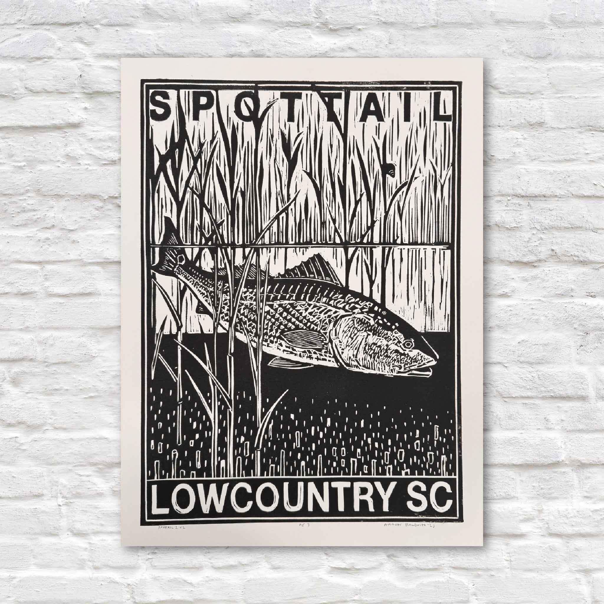 Original linocut titled Spottail II by Aaron Baldwin, depicting a spottail bass swimming through Lowcountry marsh grass in bold black and white.