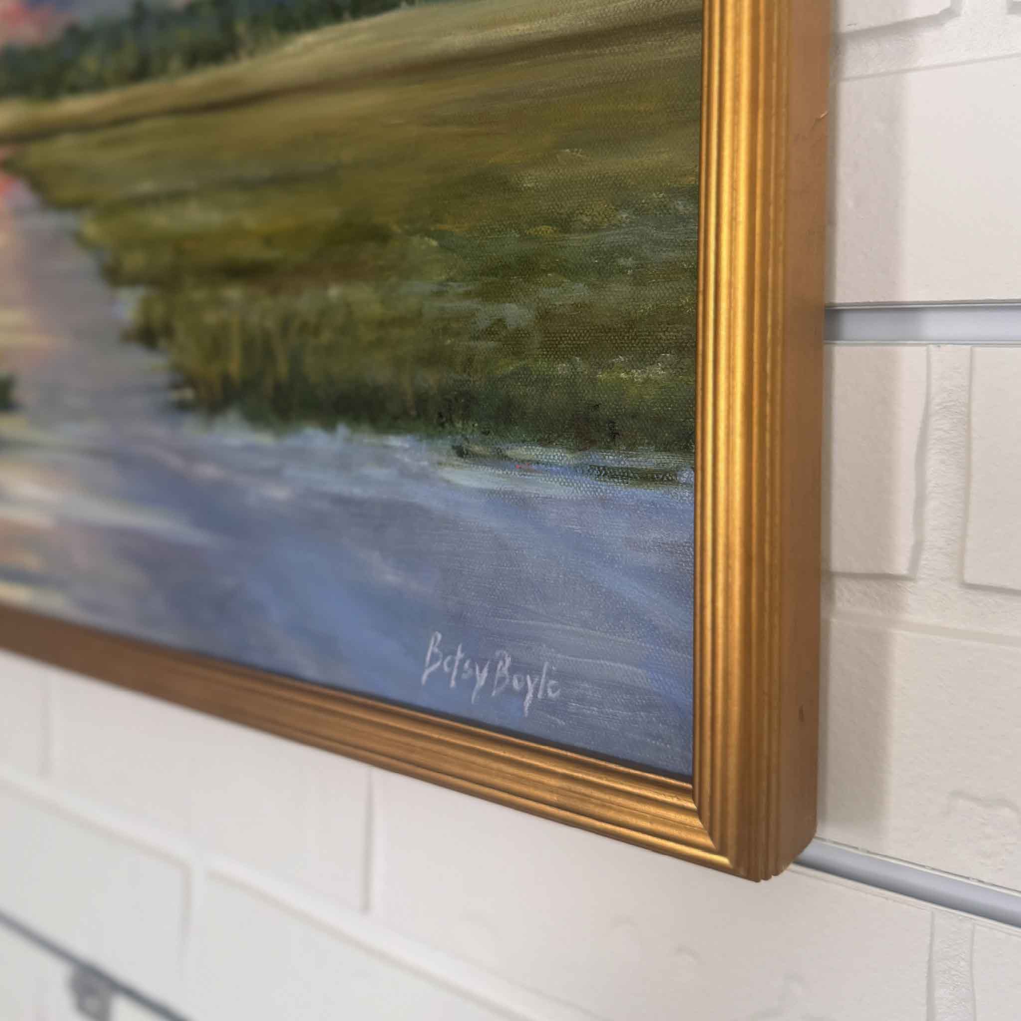 Detail view of Beaming Light by Betsy Boyle, highlighting expressive brushwork, reflected light on water, the artist’s signature, and custom framing by Gray Man Gallery.