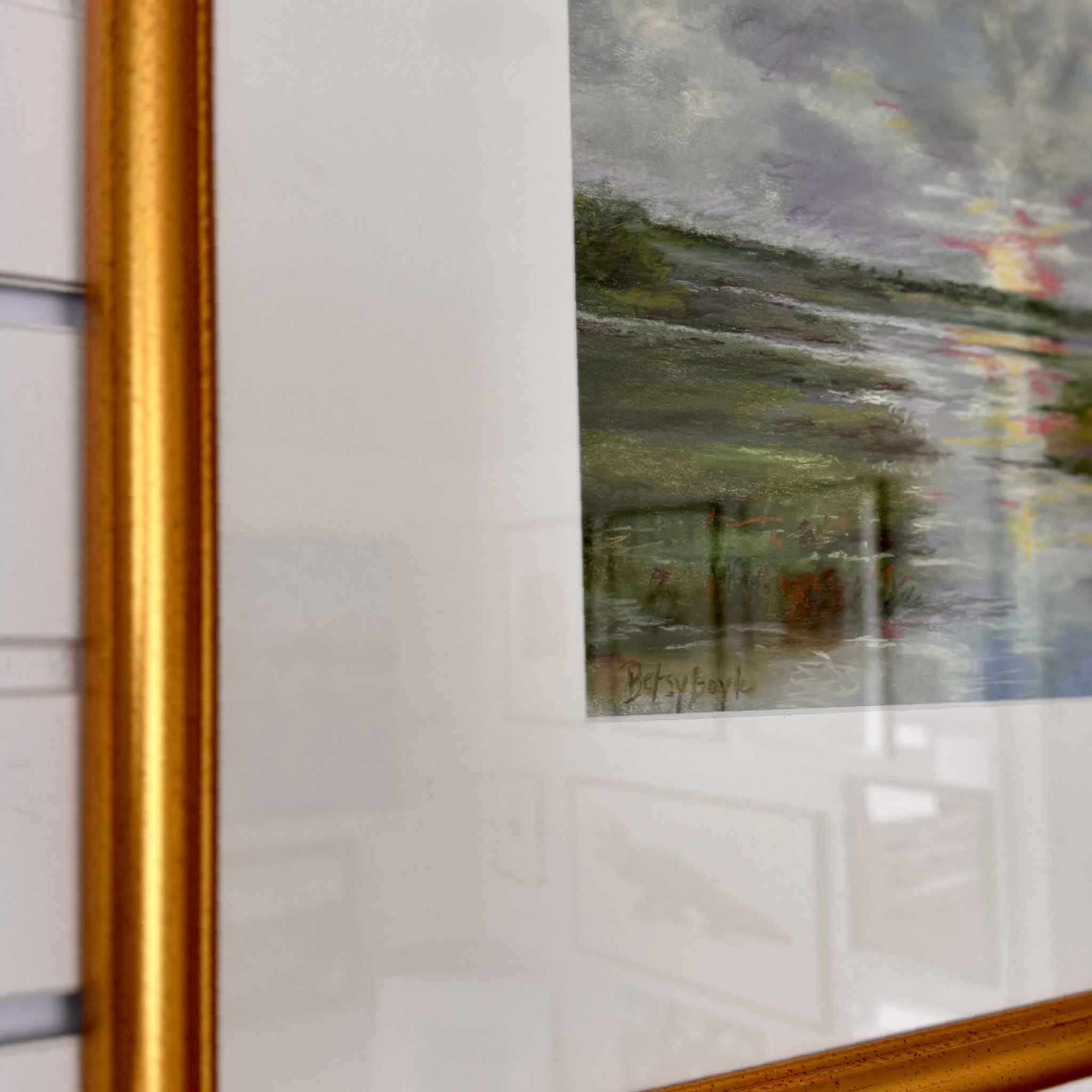 Detail view of Soft Farewell by Betsy Boyle, highlighting pastel texture, subtle color transitions, the artist’s signature, and custom framing by Gray Man Gallery.