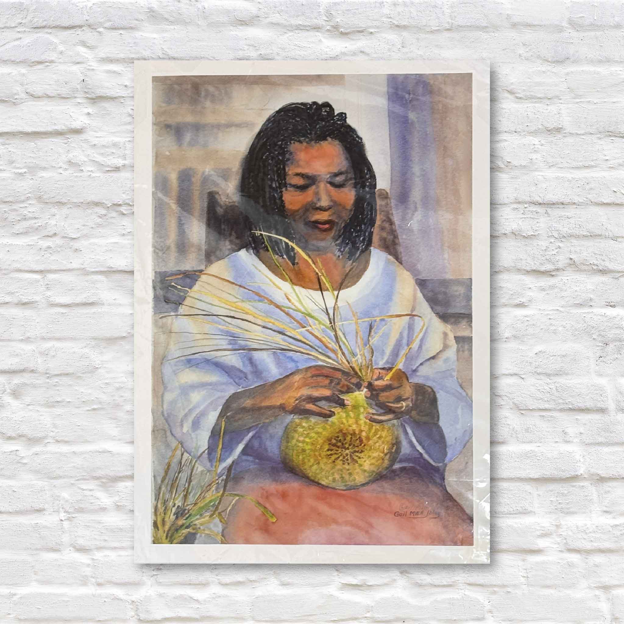Watercolor print titled Basket Lady by Gail Joley depicting a Gullah Geechee woman weaving a traditional sweetgrass basket, celebrating Lowcountry craftsmanship and cultural heritage.