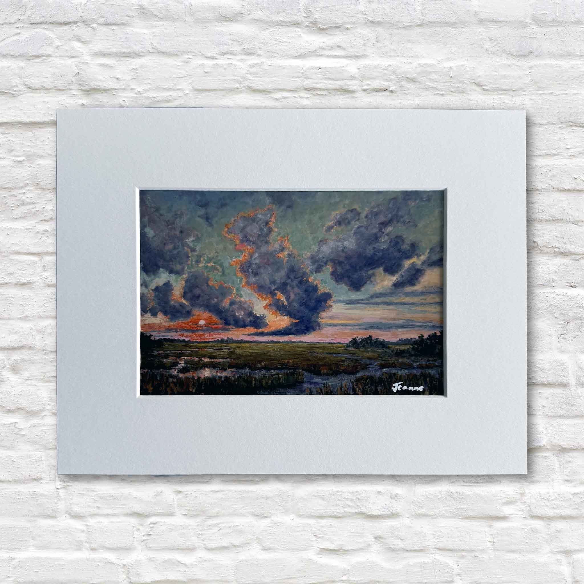 BAM! is an 8×10 matted giclée print by Jeanne O’Neal depicting dramatic storm clouds over the Lowcountry marsh at sunset.