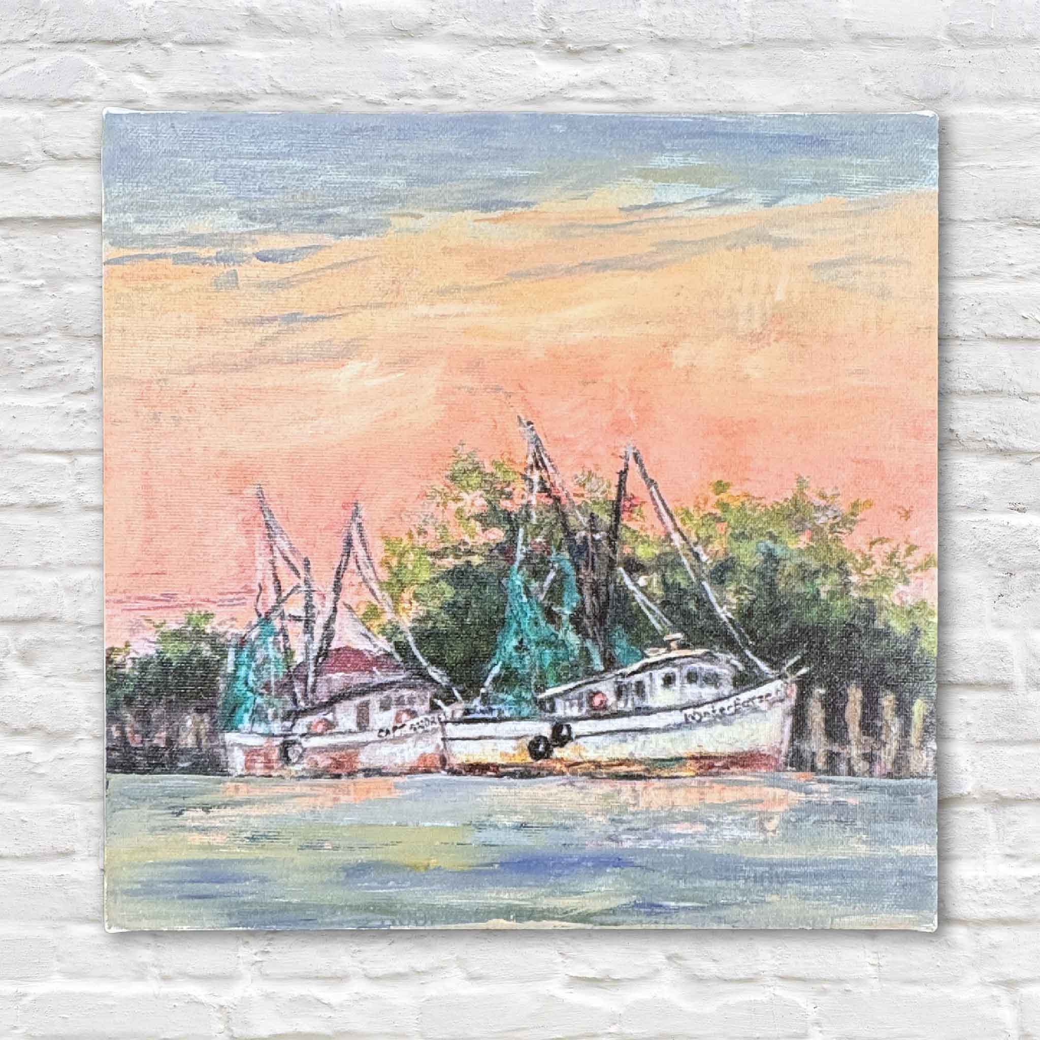 Coral Sky Harbor by Jeanne O’Neal shown as an 8 × 8 wrapped canvas giclée featuring shrimp boats beneath a warm coral morning sky.