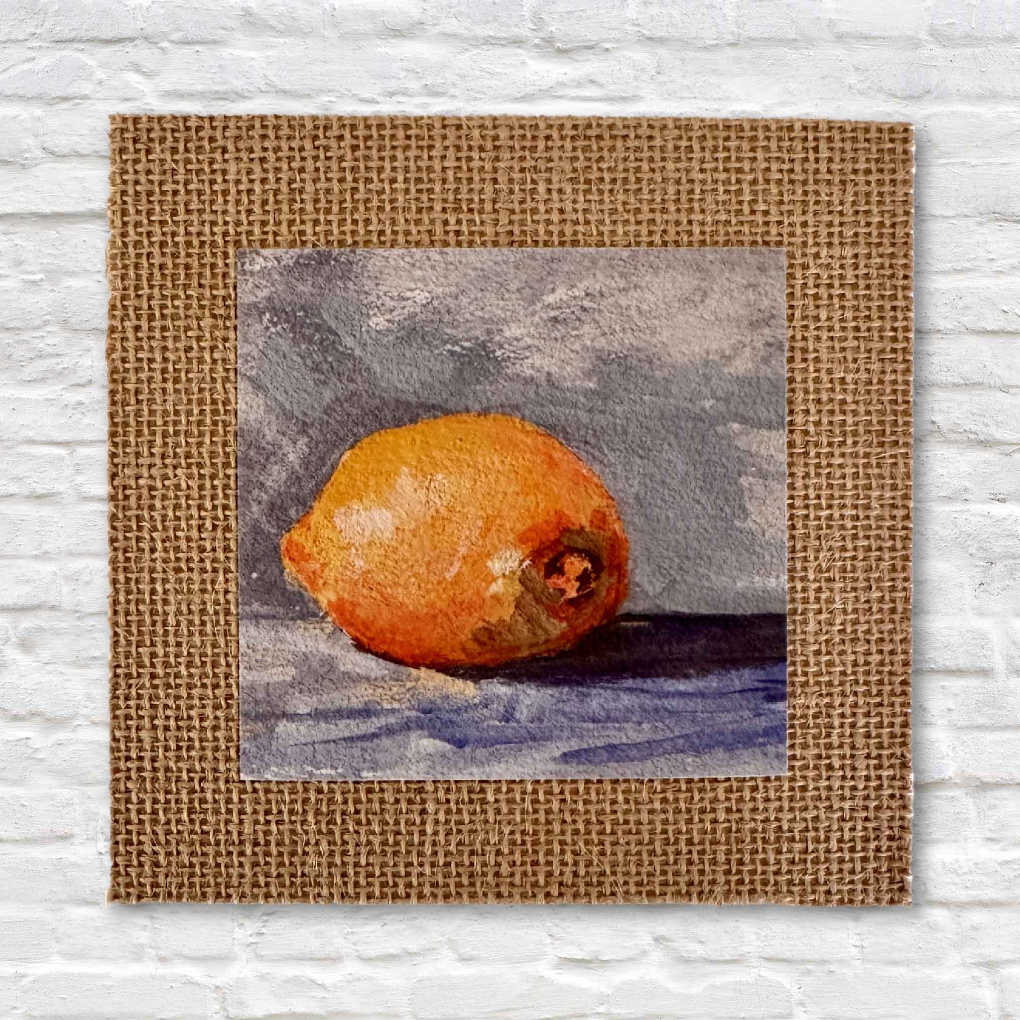 Lemon giclée print Lemon Drop by Jeanne O’Neal, 4x4 artwork mounted on 6x6 burlap matboard, fine art citrus painting available at Gray Man Gallery. Sized to fit a standard 6 × 6 frame.