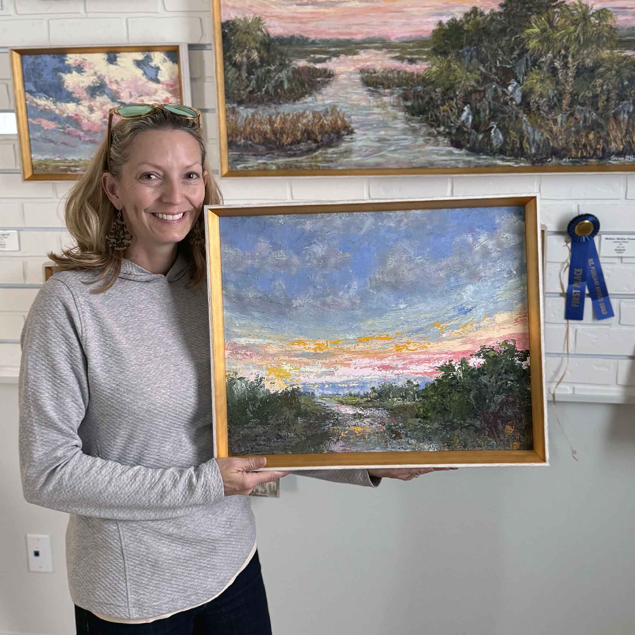 Marshlight 16x20 original oil painting by Jeanne O’Neal, local Pawleys Island artist, displayed inside Gray Man Gallery custom framing and fine art gallery in the South Carolina Lowcountry