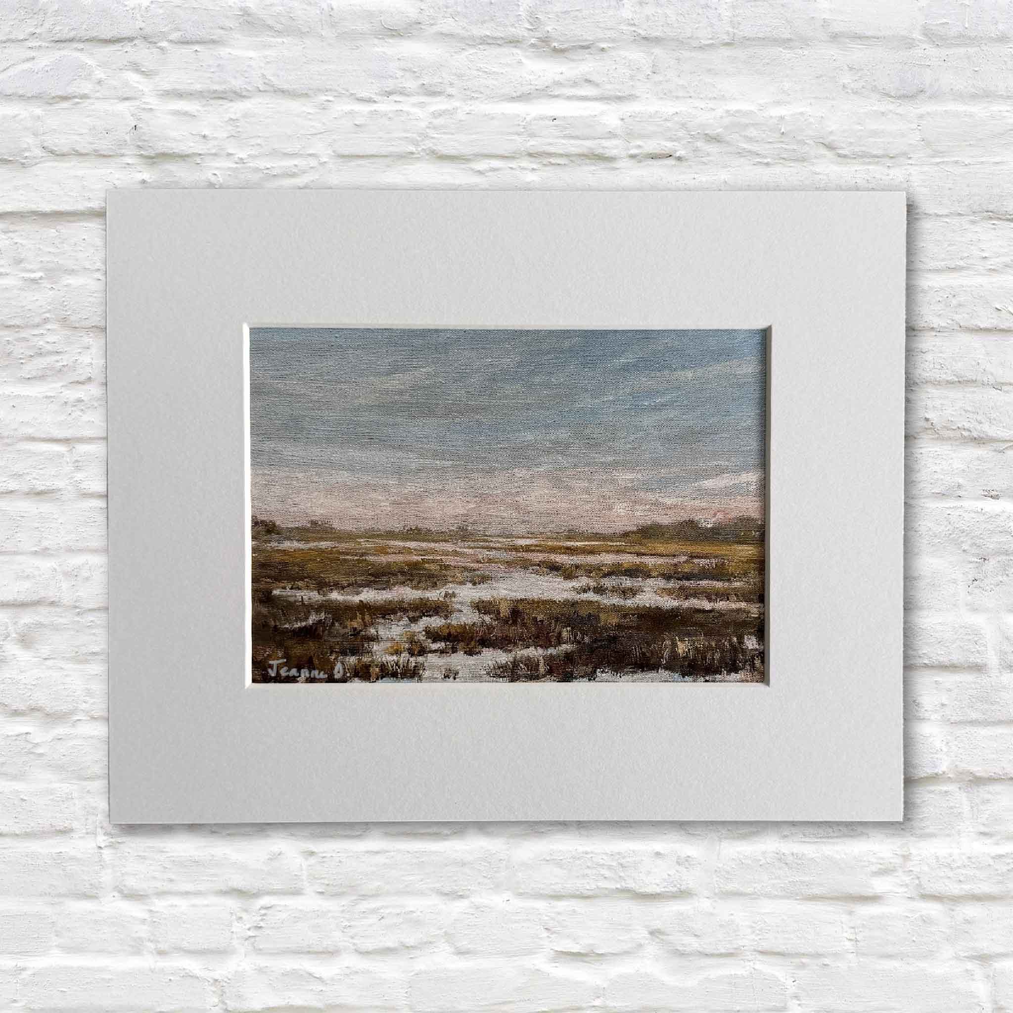 Soft Breeze is an 8×10 matted giclée print by Jeanne O’Neal depicting a quiet Lowcountry marsh beneath a soft, muted sky.