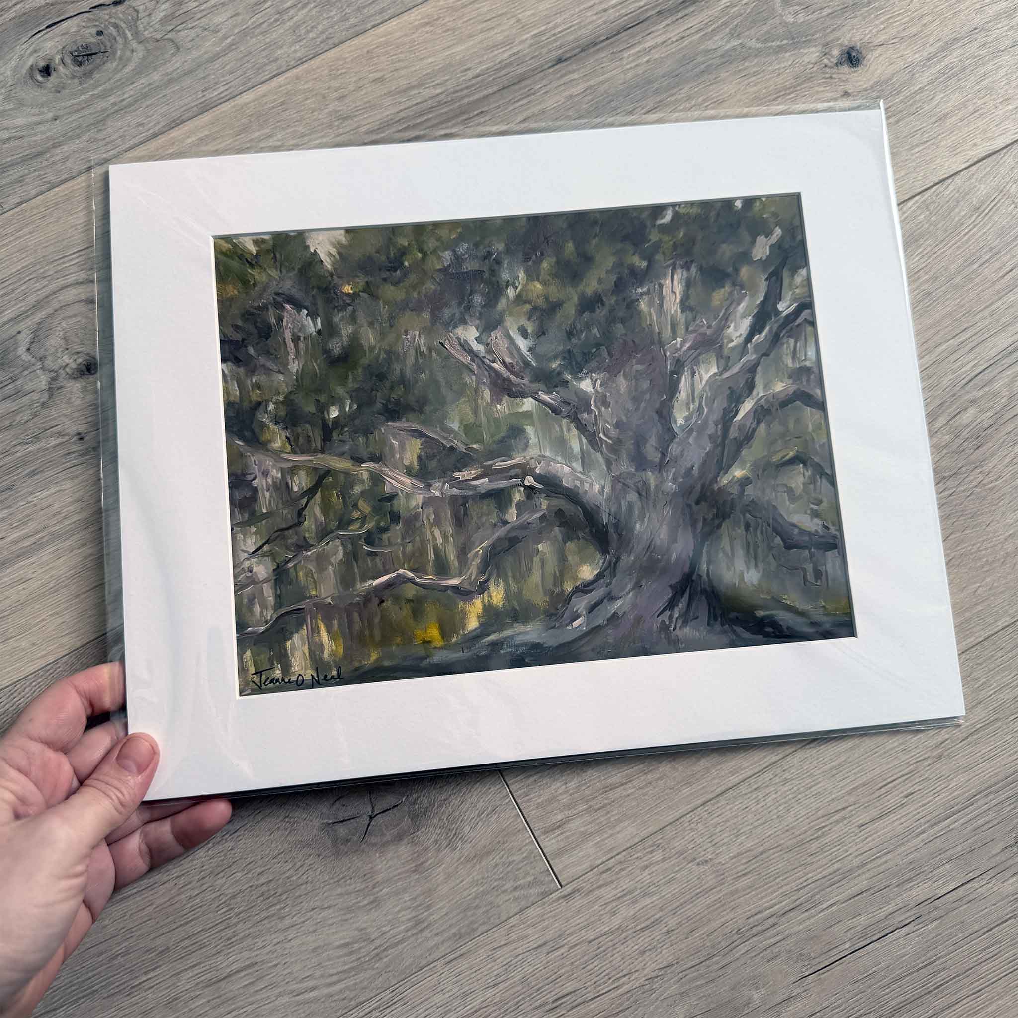Close-up of Tell Me a Story matted giclée print by Jeanne O’Neal showing texture and color of a Lowcountry live oak, ready to frame and available at Gray Man Gallery, Pawleys Island.