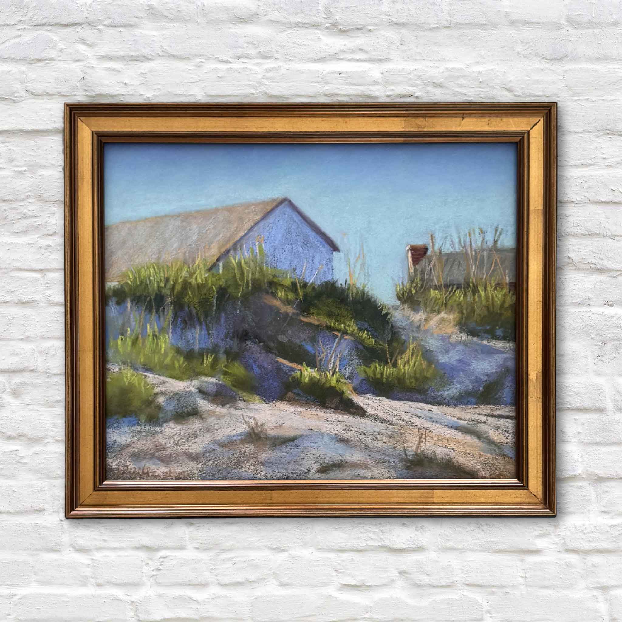 Original pastel artwork titled Neighbors by local artist Joanne Willoughby, featuring a quiet Lowcountry coastal scene with sandy dunes, sea grass, and neighboring beach cottages, available at Gray Man Gallery.