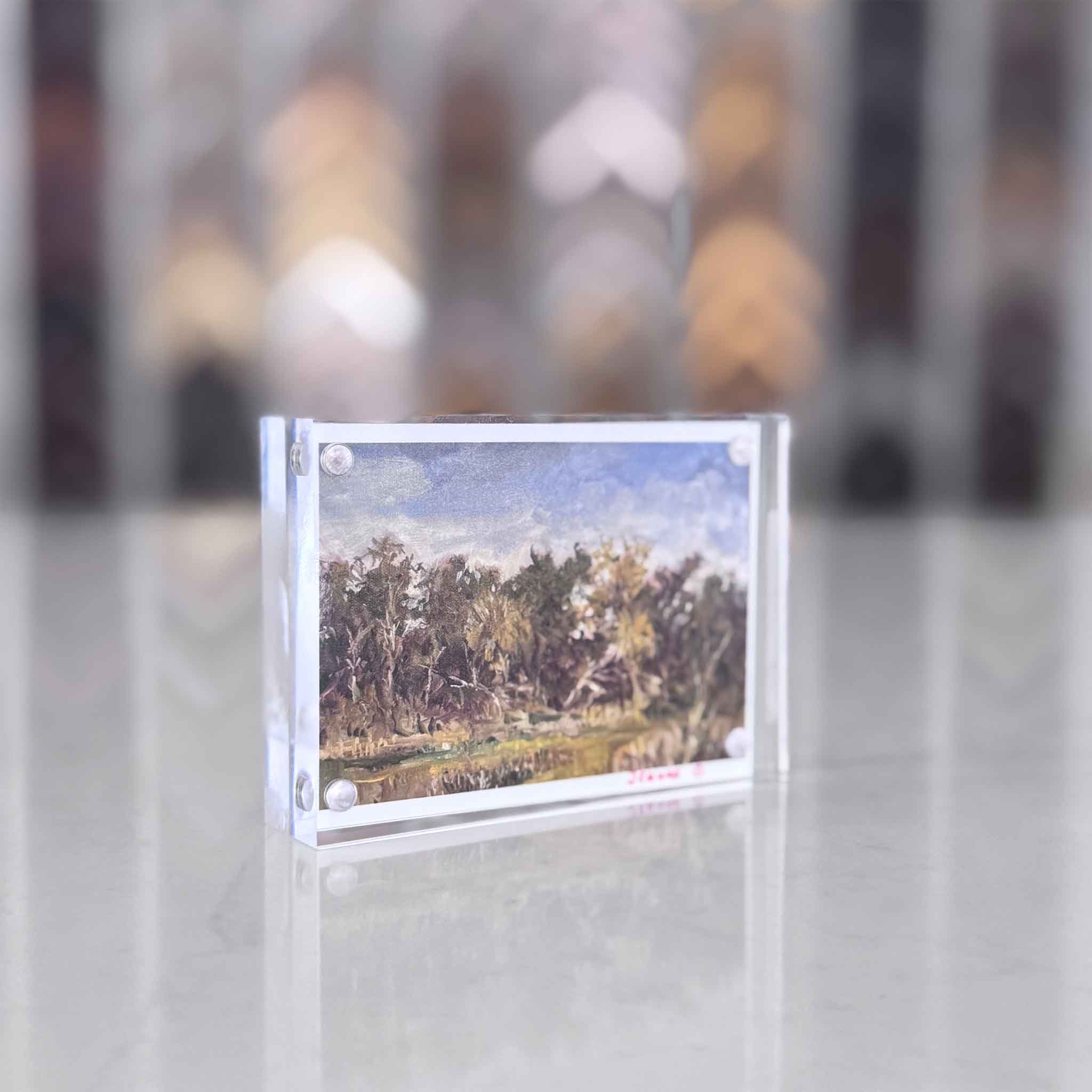 Angled view of Surprise! II acrylic block artwork by local artist Jeanne O’Neal, highlighting the clear acrylic frame and painterly Lowcountry landscape, photographed at Gray Man Gallery.