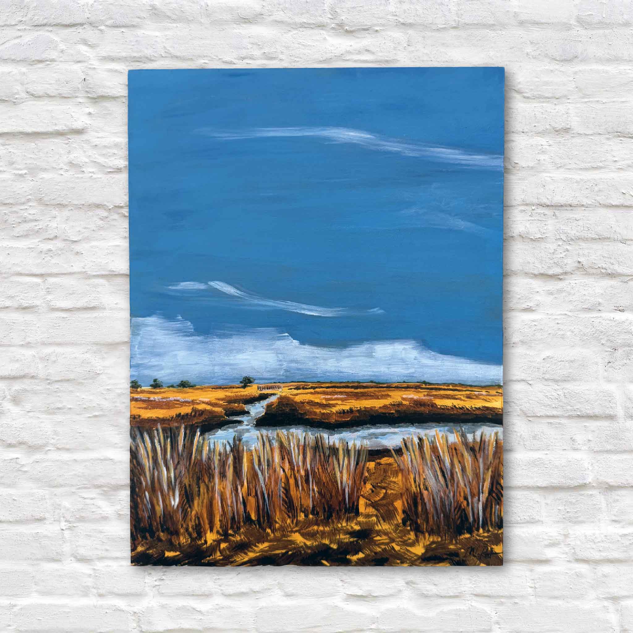 Autumn Sun at Clambank, an original acrylic marsh landscape by Maggie Pelton, depicting golden fall marsh grass and tidal creeks beneath a wide blue sky inspired by North Inlet and available at Gray Man Gallery.