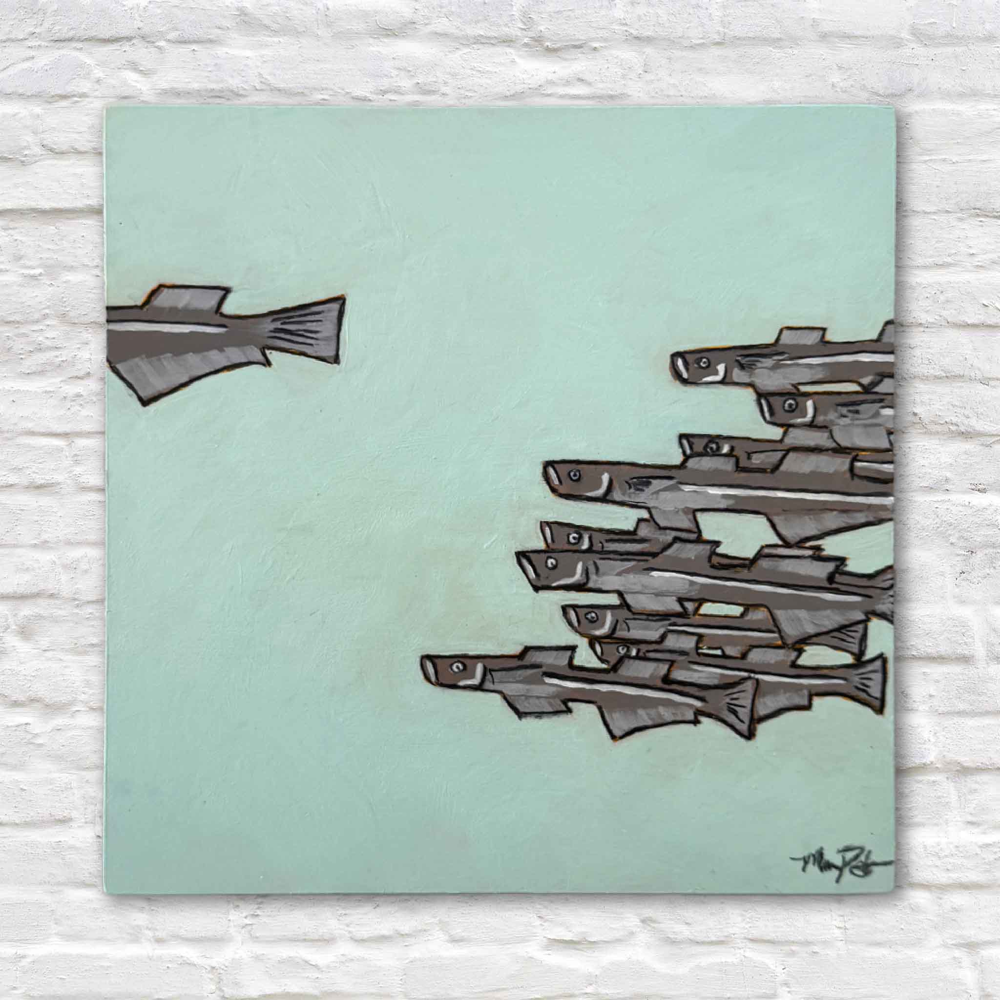 Silverside, an original acrylic and charcoal painting by Maggie Pelton, depicting a school of silverside fish drifting through clear winter-blue waters inspired by North Inlet and available at Gray Man Gallery.