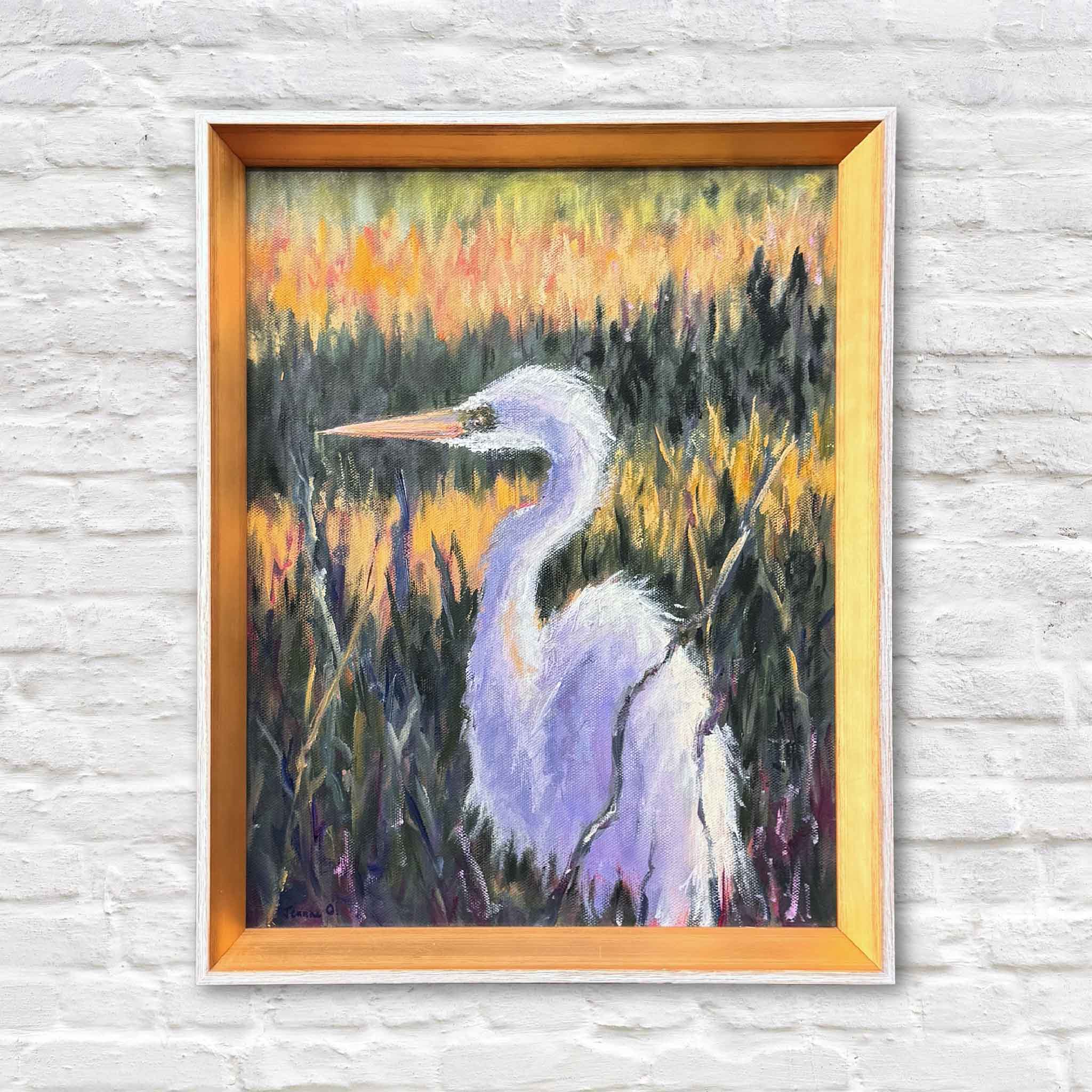 Marsh Sentinel original oil painting by Jeanne O’Neal displayed at Gray Man Gallery in Pawleys Island, featuring a white egret standing in golden Lowcountry marsh grasses, framed and ready to hang