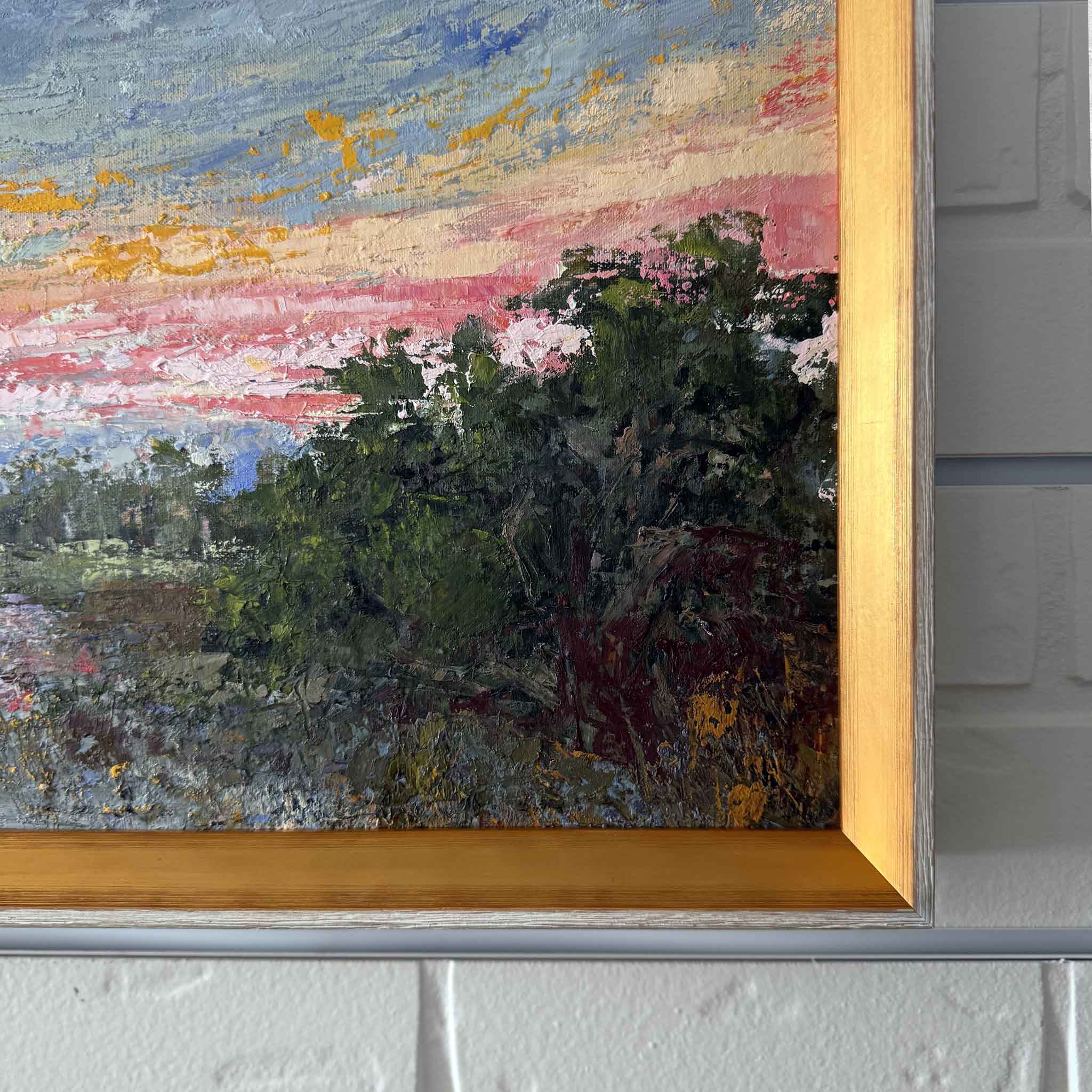 Detail of Marshlight original oil painting by Jeanne O’Neal showing layered brushwork, marsh grasses, and signature gold slope frame at Gray Man Gallery in Pawleys Island, South Carolina